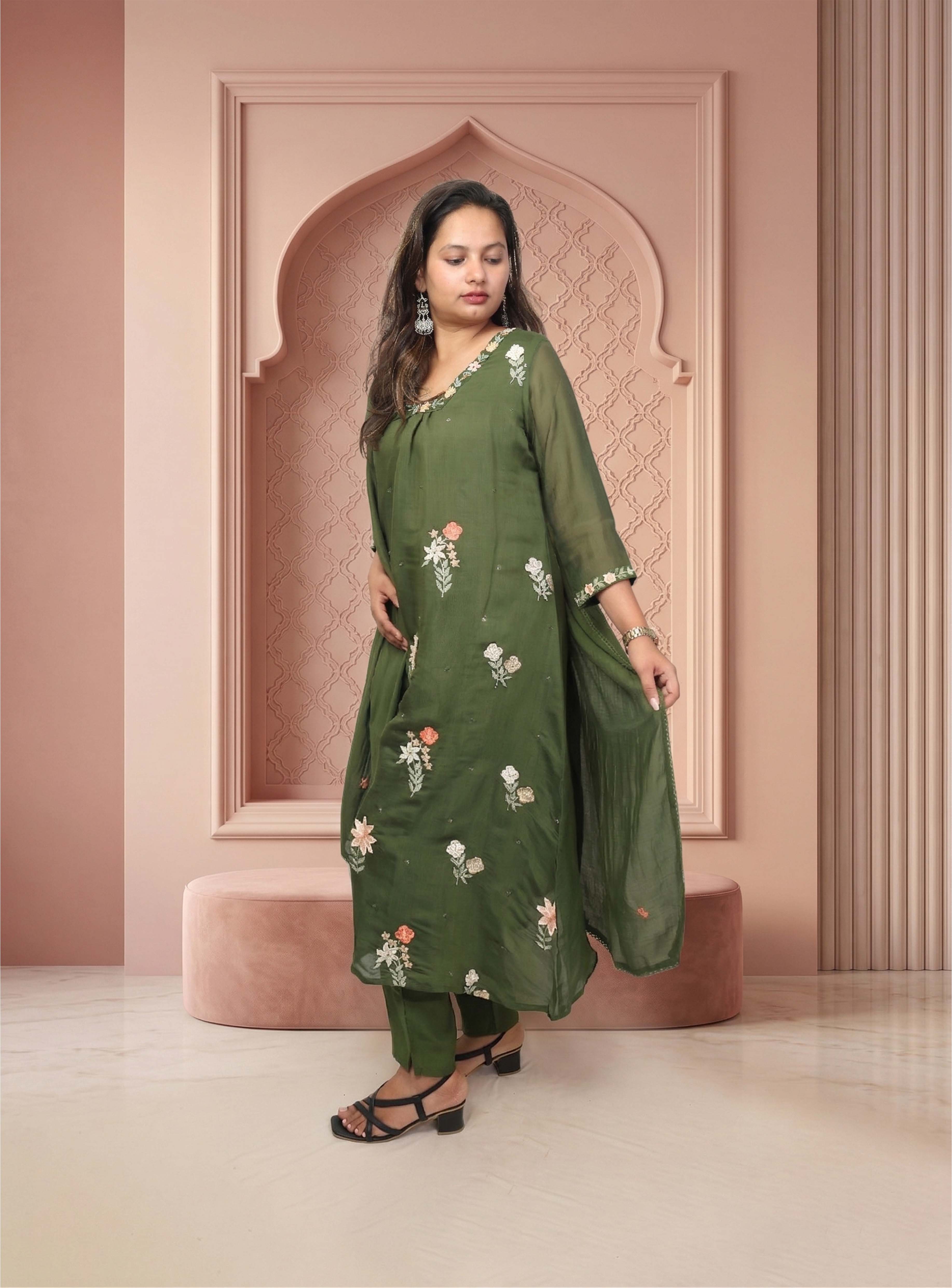 Green mul chanderi A-line suit-set with dupatta