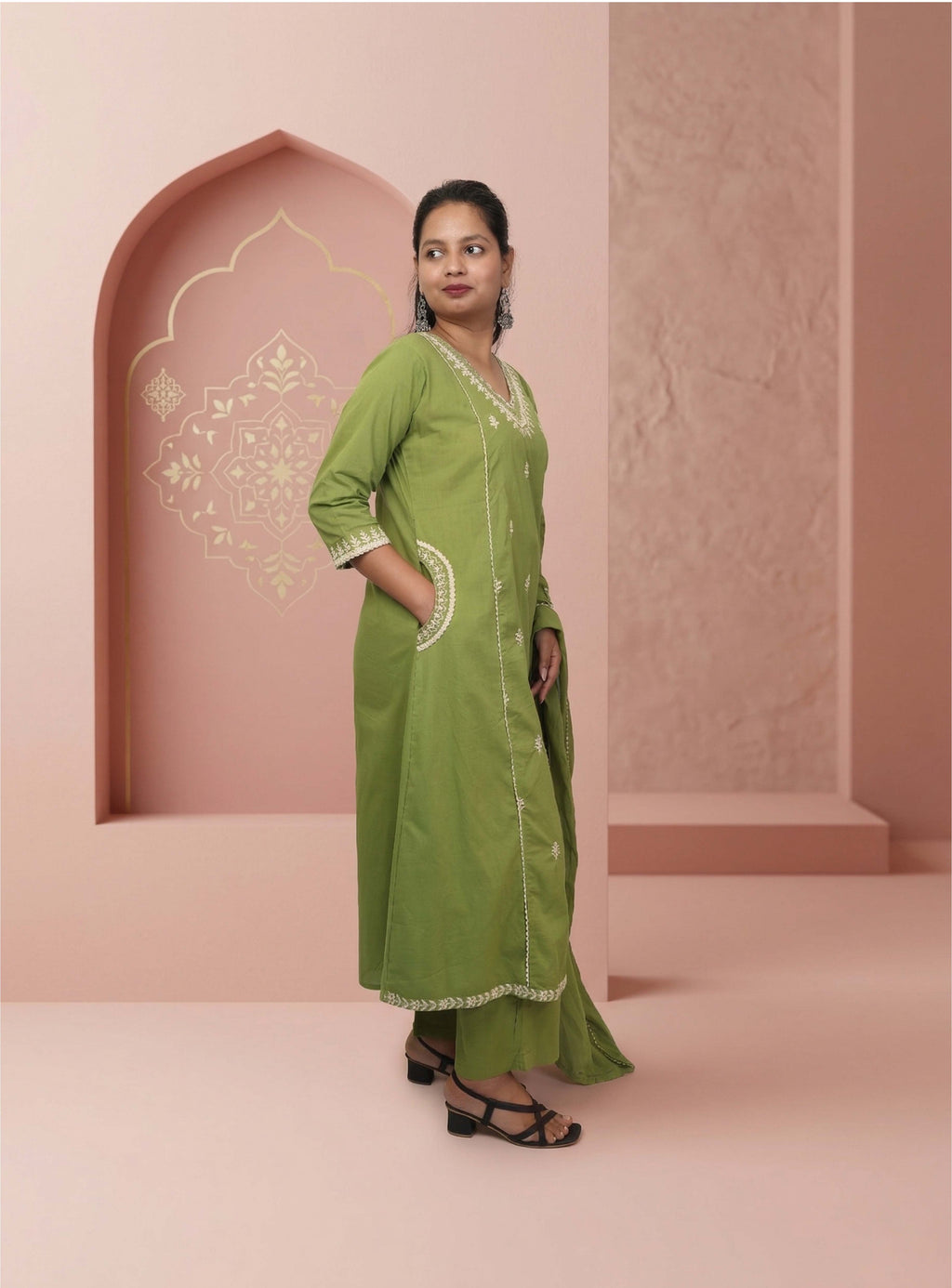Green cotton thread work A-line suit-set with dupatta