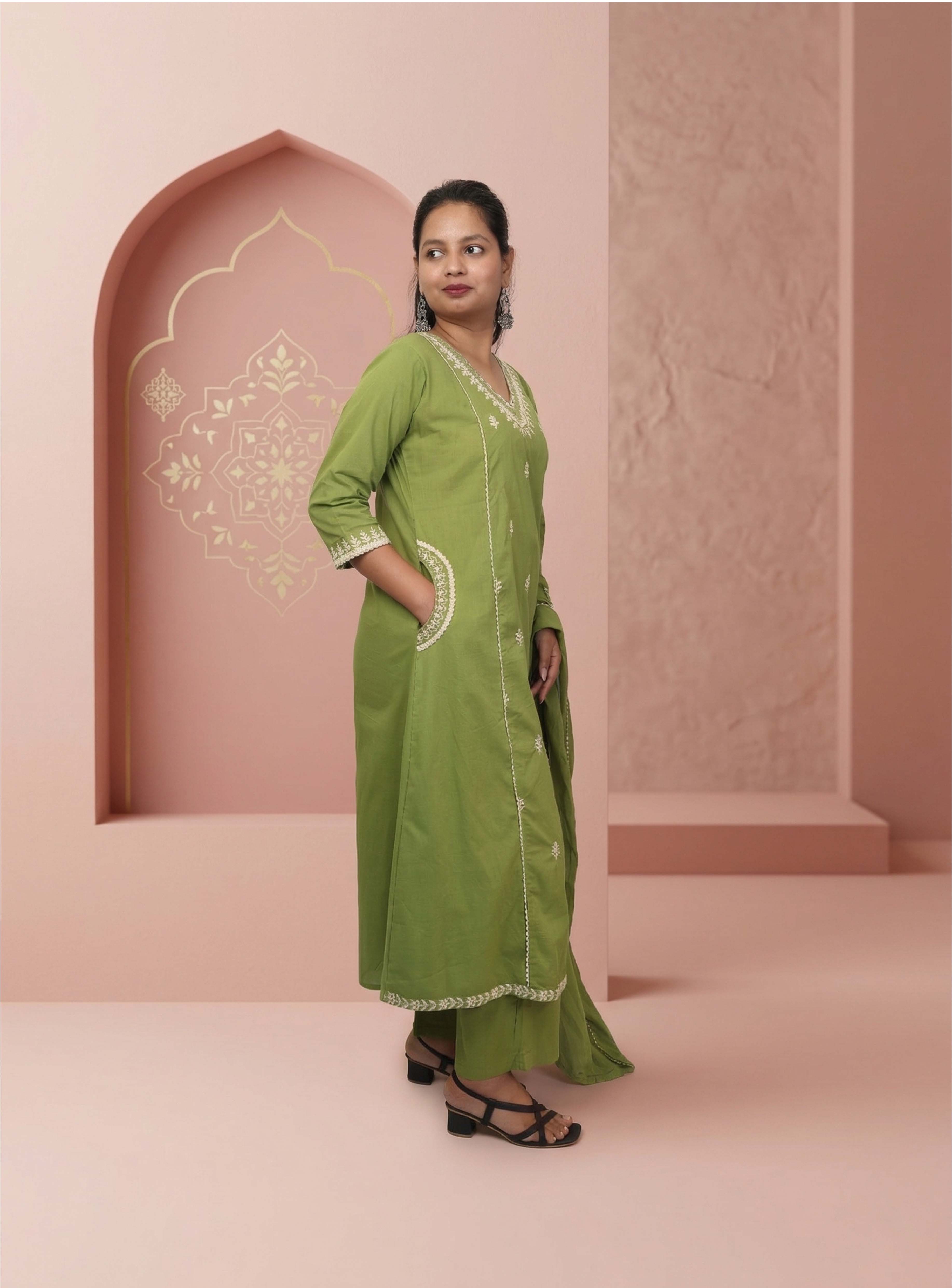 Green cotton thread work A-line suit-set with dupatta