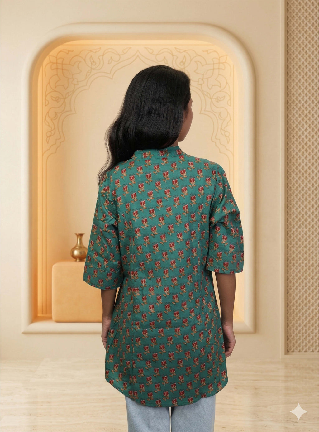 Green cotton blockprint short kurti
