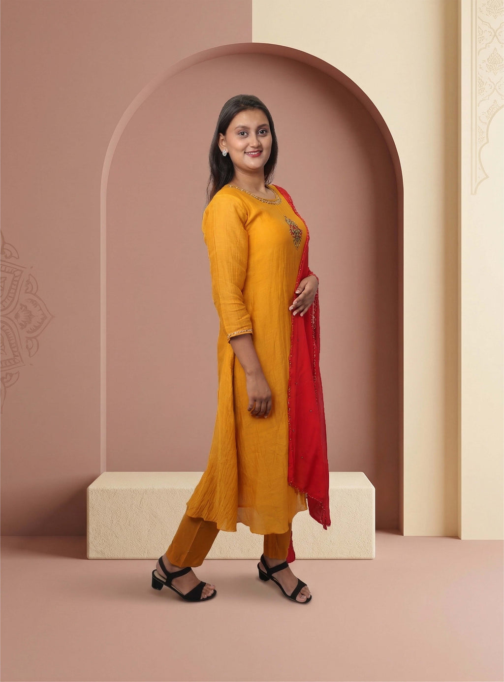 Mustard Banarasi Mul Chanderi A-line Suit-set with dupatta