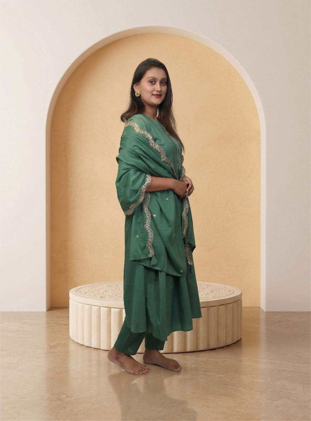 Green cotton anarkali suit-set with dupatta