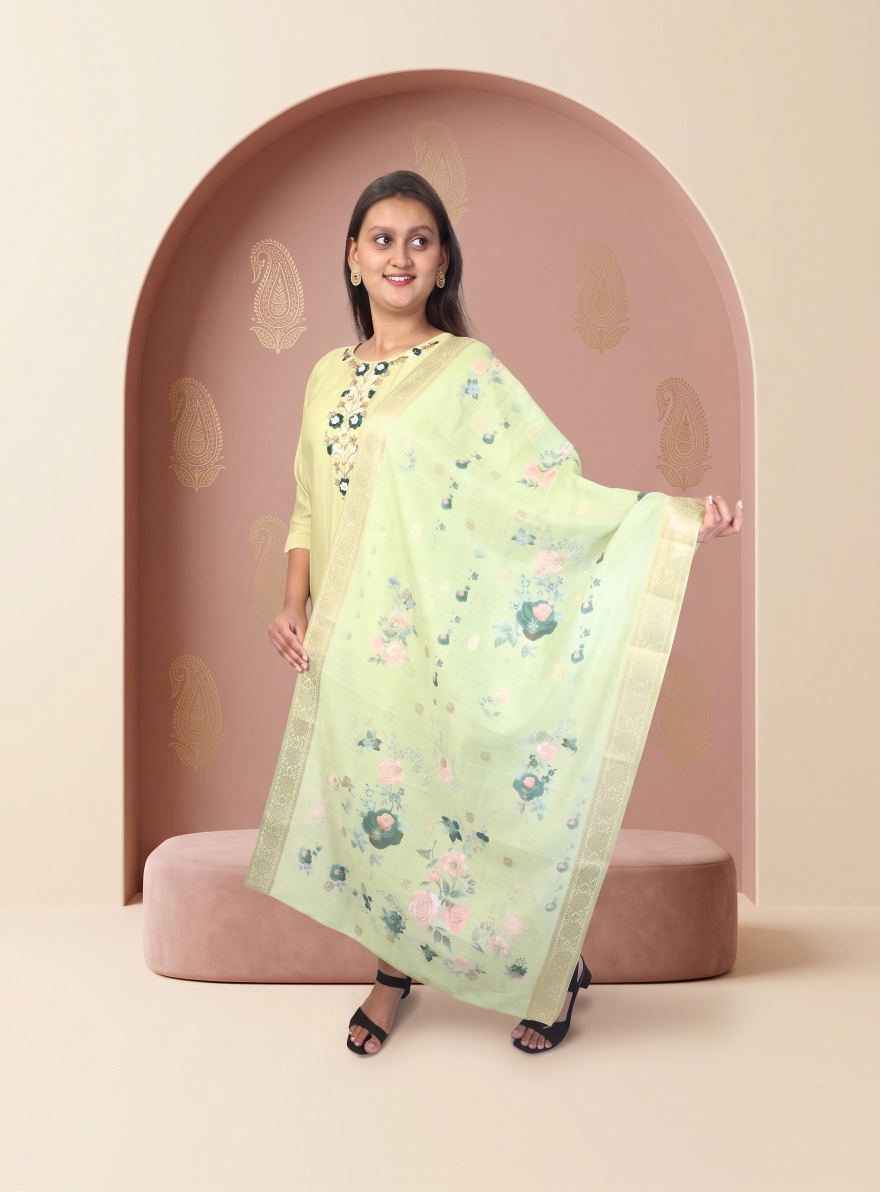 Pastel green silk blend straight suit set with dupatta