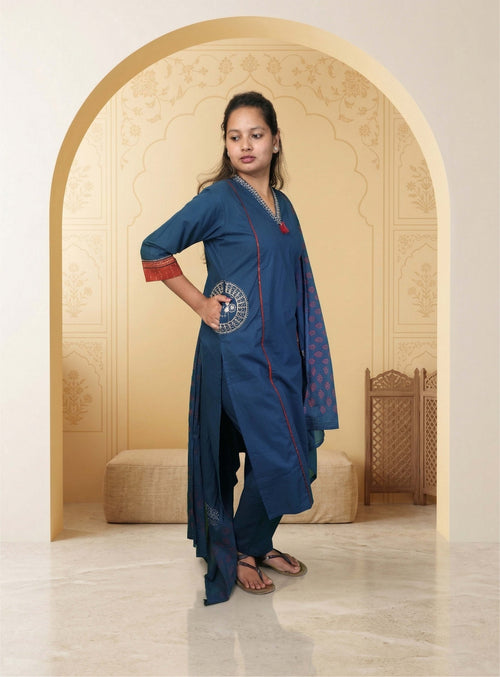 Blue warli print cotton straight suit set with block print dupatta