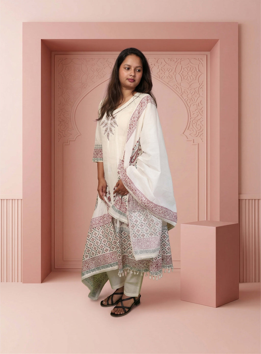 Handloom white blockprint anarkali with dupatta