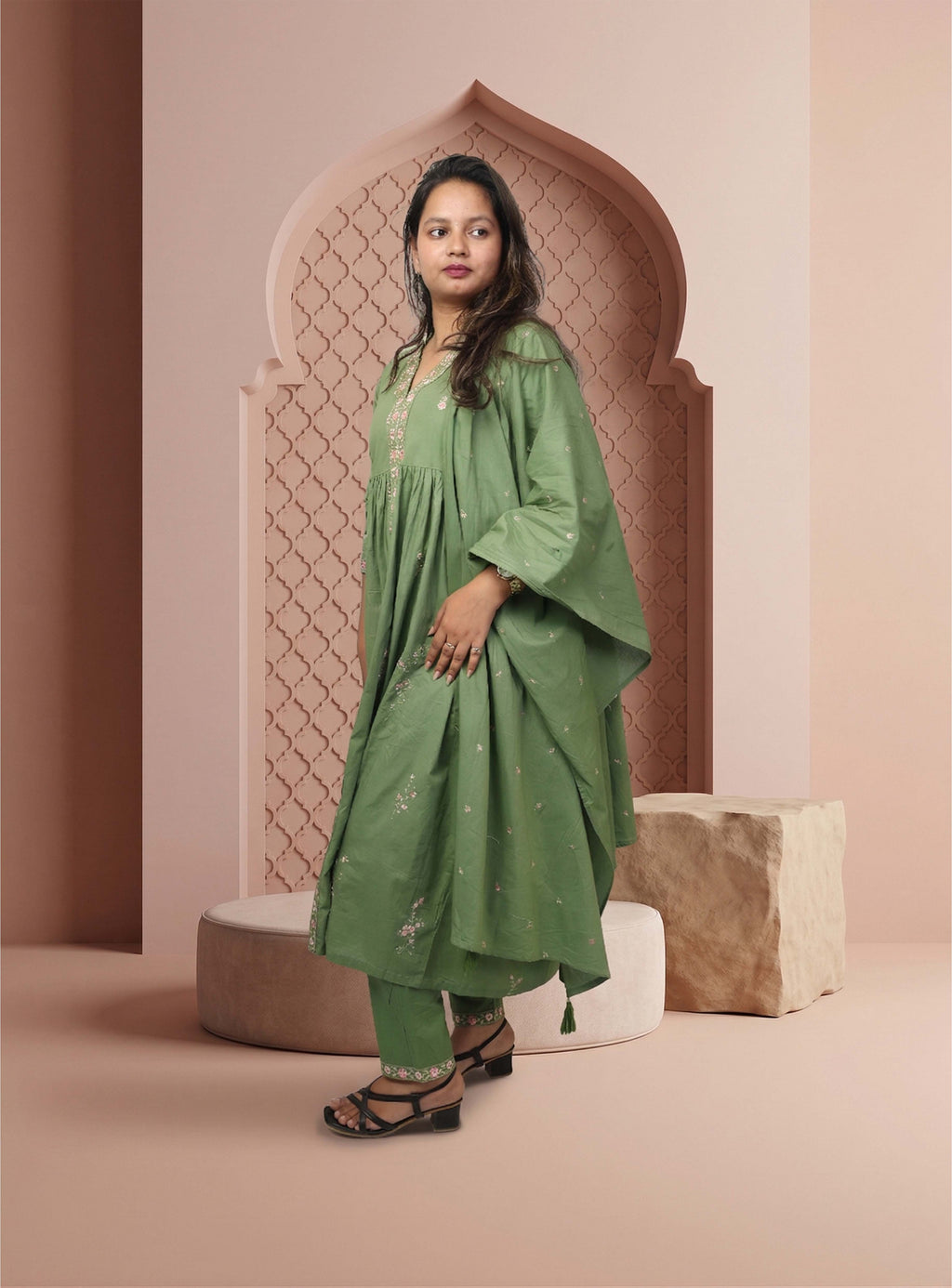 Green thread work cotton A-line suit set with dupatta