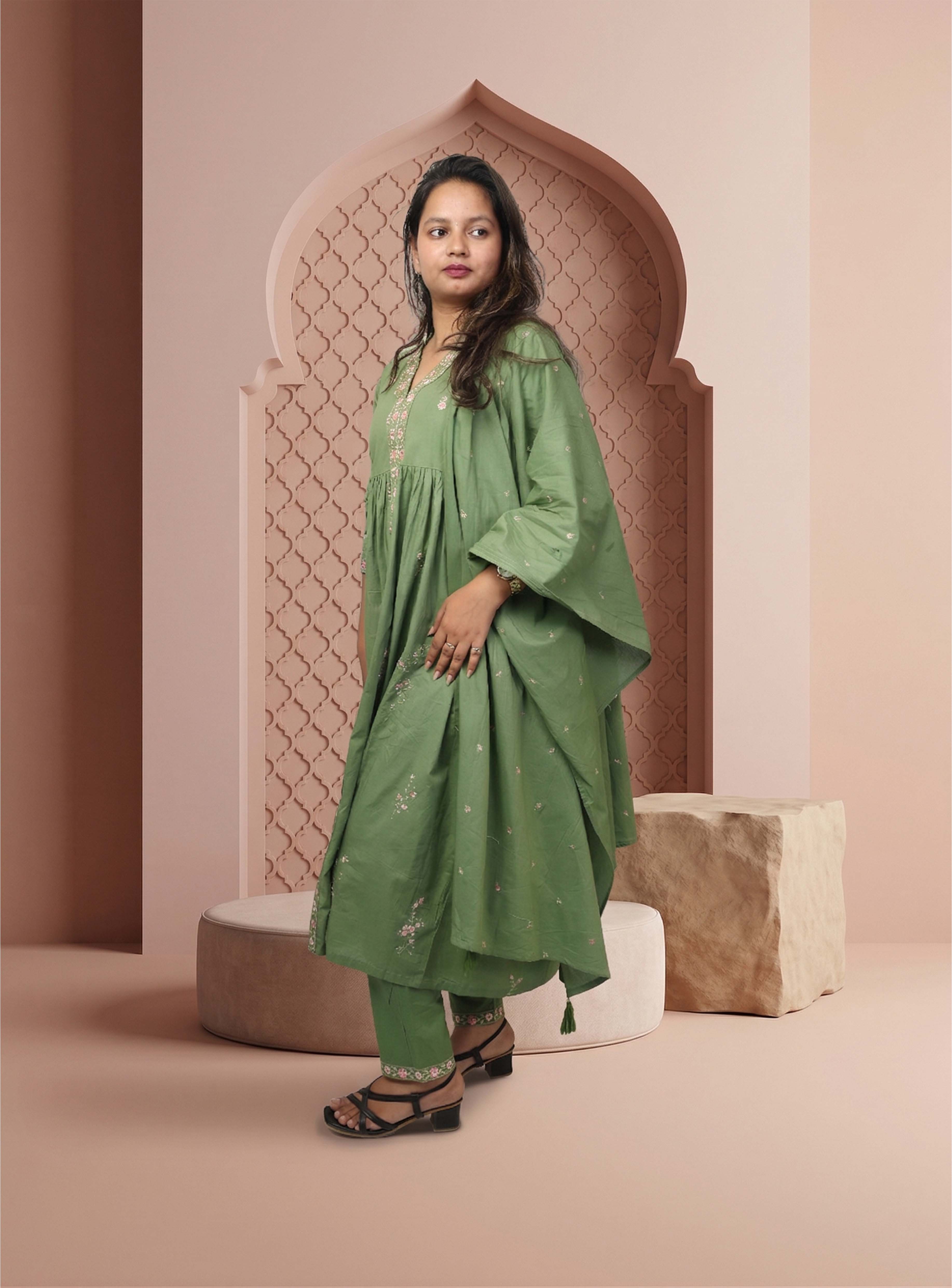 Green thread work cotton A-line suit set with dupatta