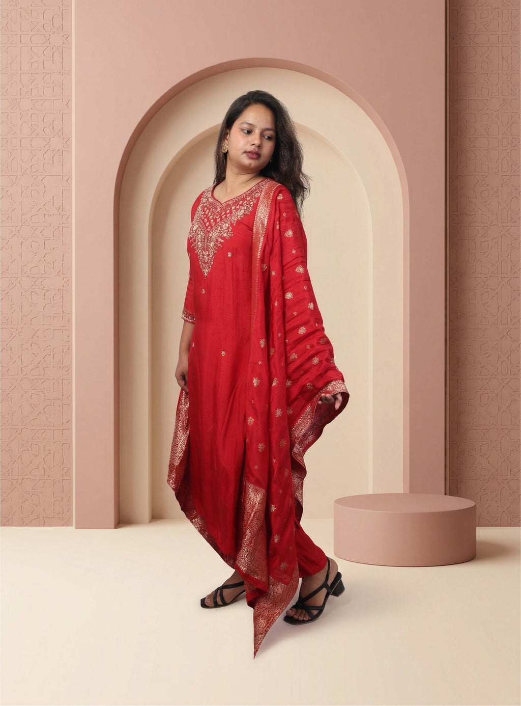 Red dola silk A-line suit-set with dupatta