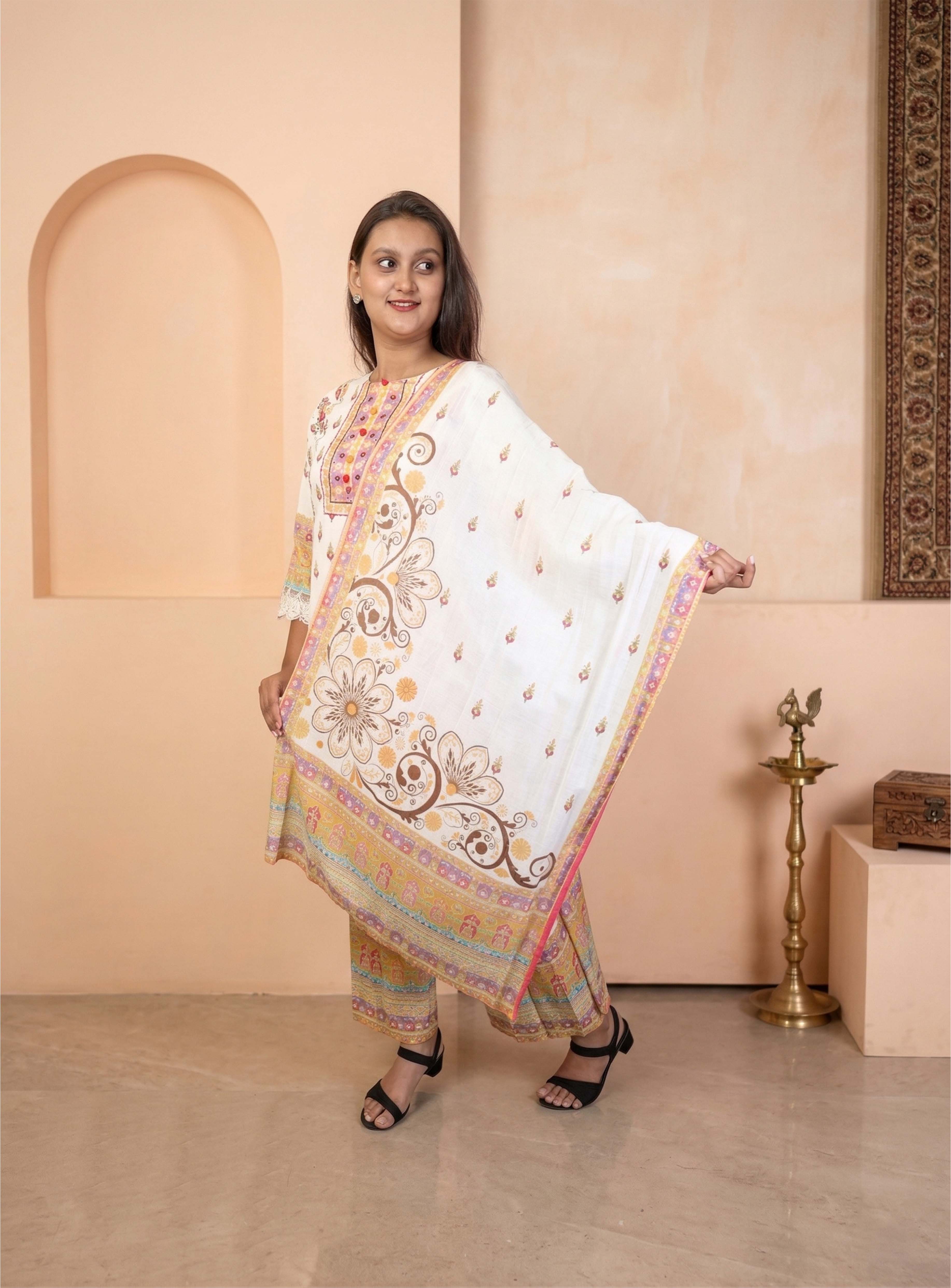 Off white mull cotton short anarkali suit set with dupatta