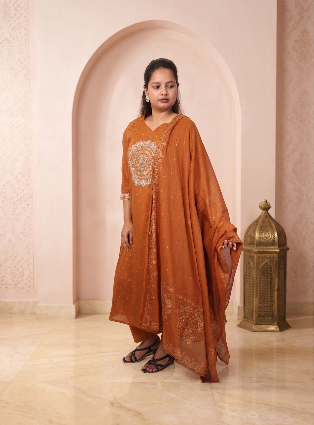Rust orange Mull cotton A line Anarkali suit set with dupatta