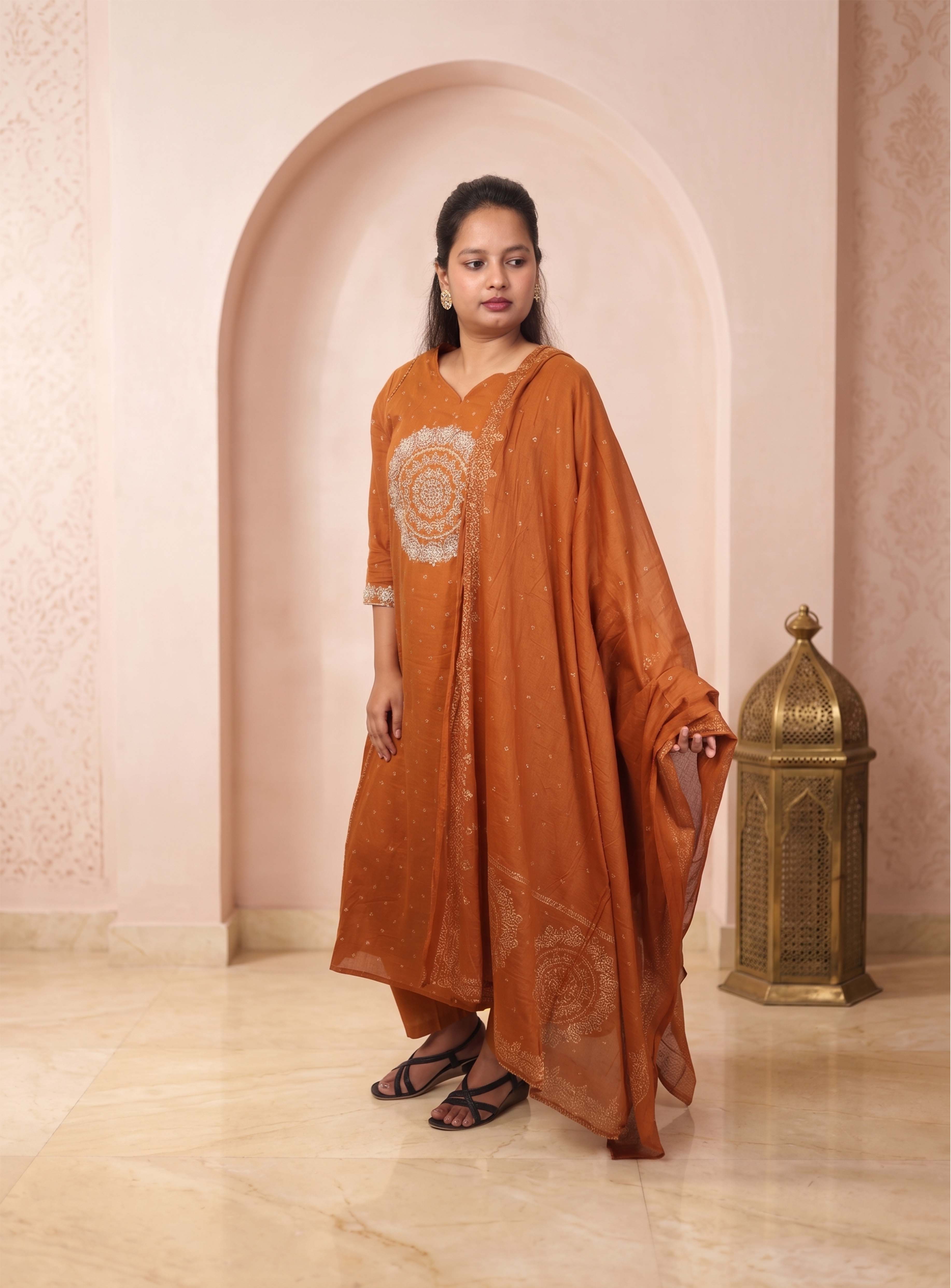 Rust orange Mull cotton A line Anarkali suit set with dupatta