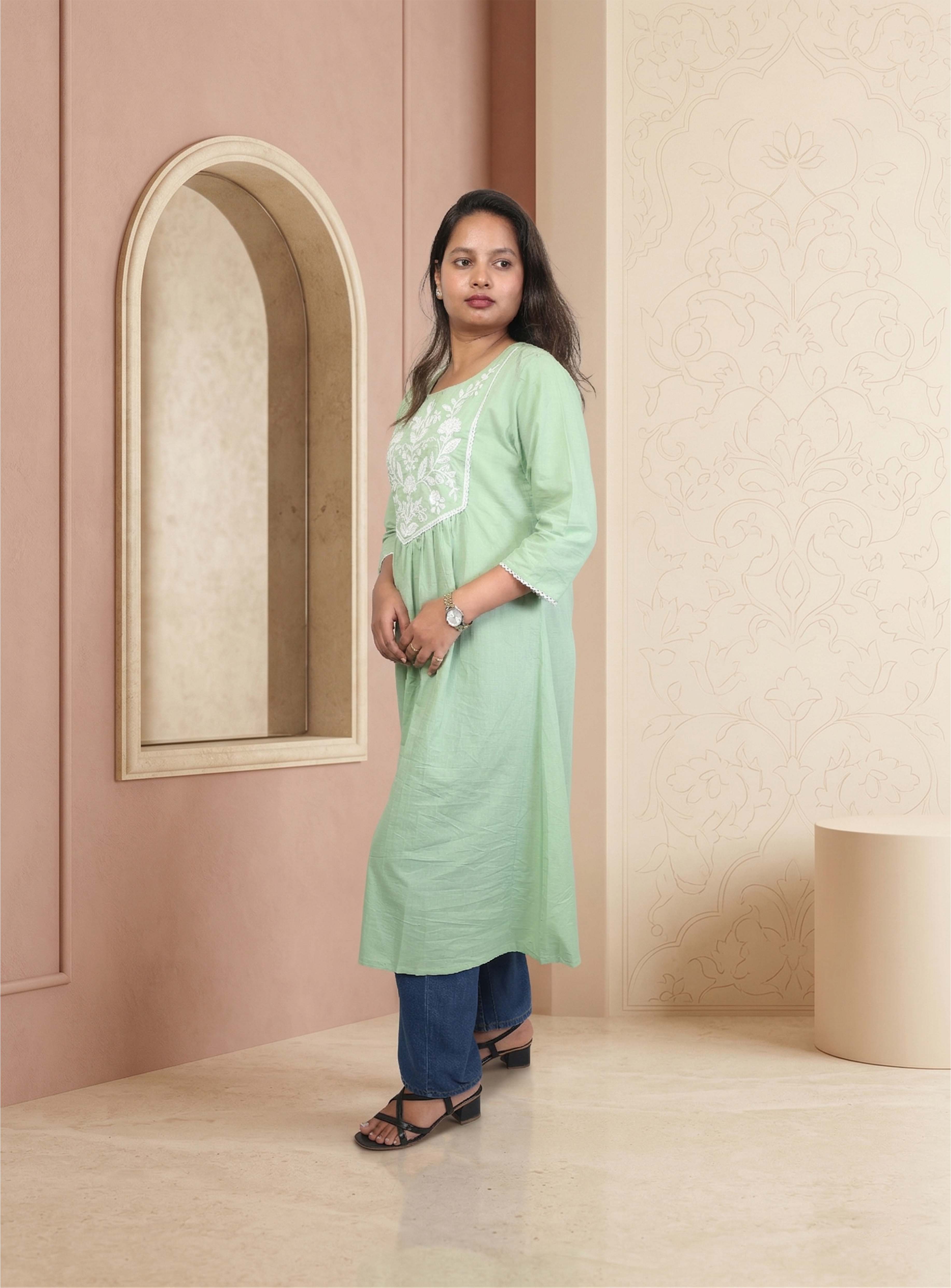 Pista thread work cotton A-line kurta