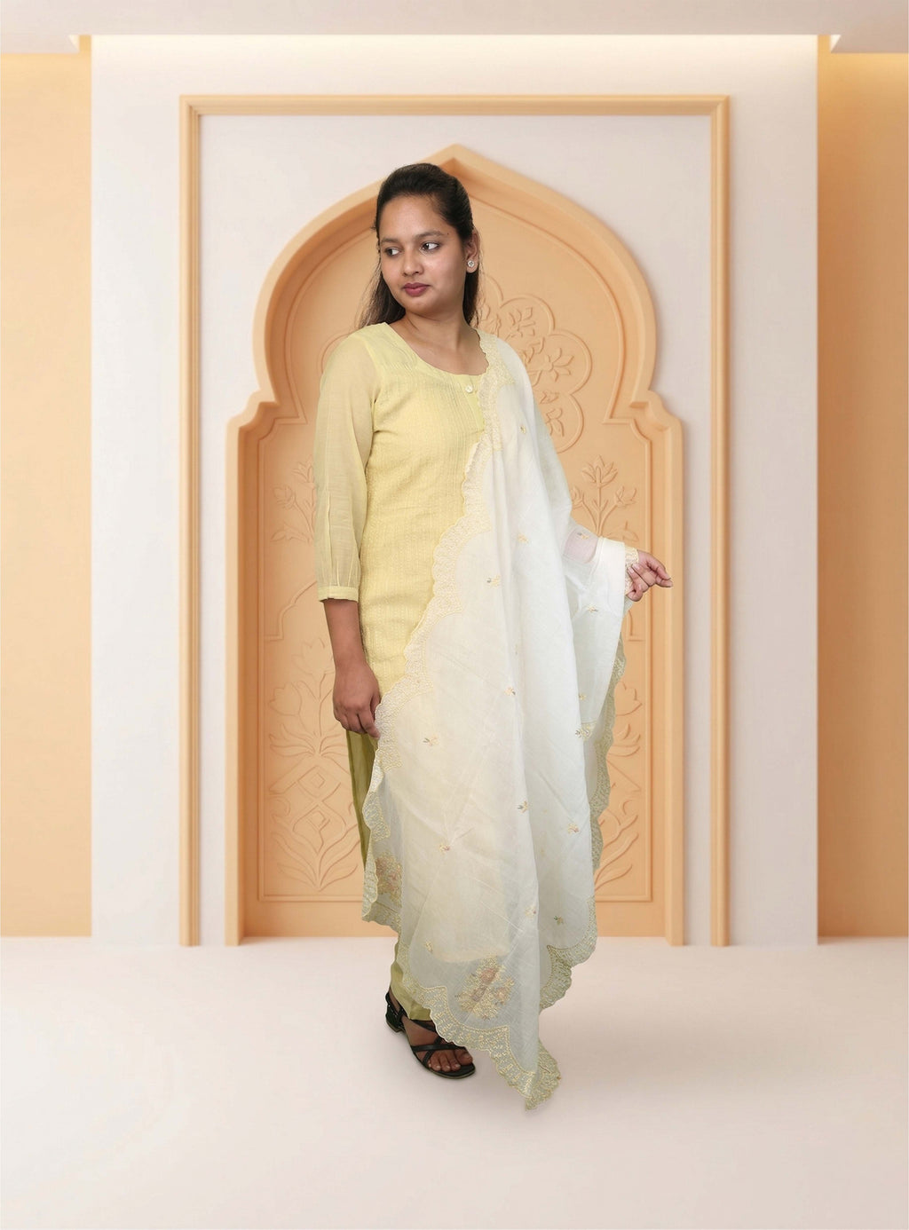 Light Yellow banarasi mul chanderi straight suit-set with dupatta