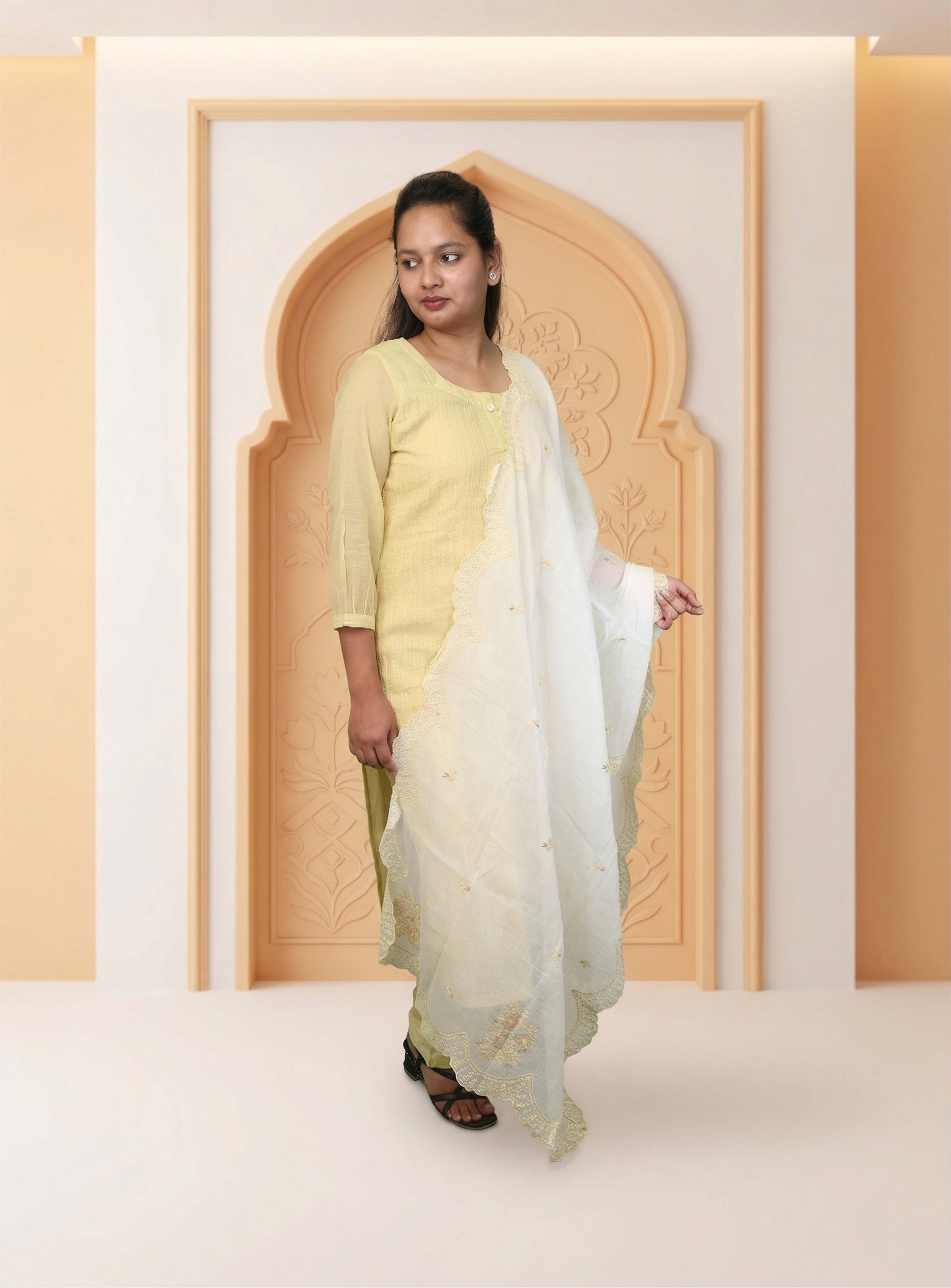 Light Yellow banarasi mul chanderi straight suit-set with dupatta