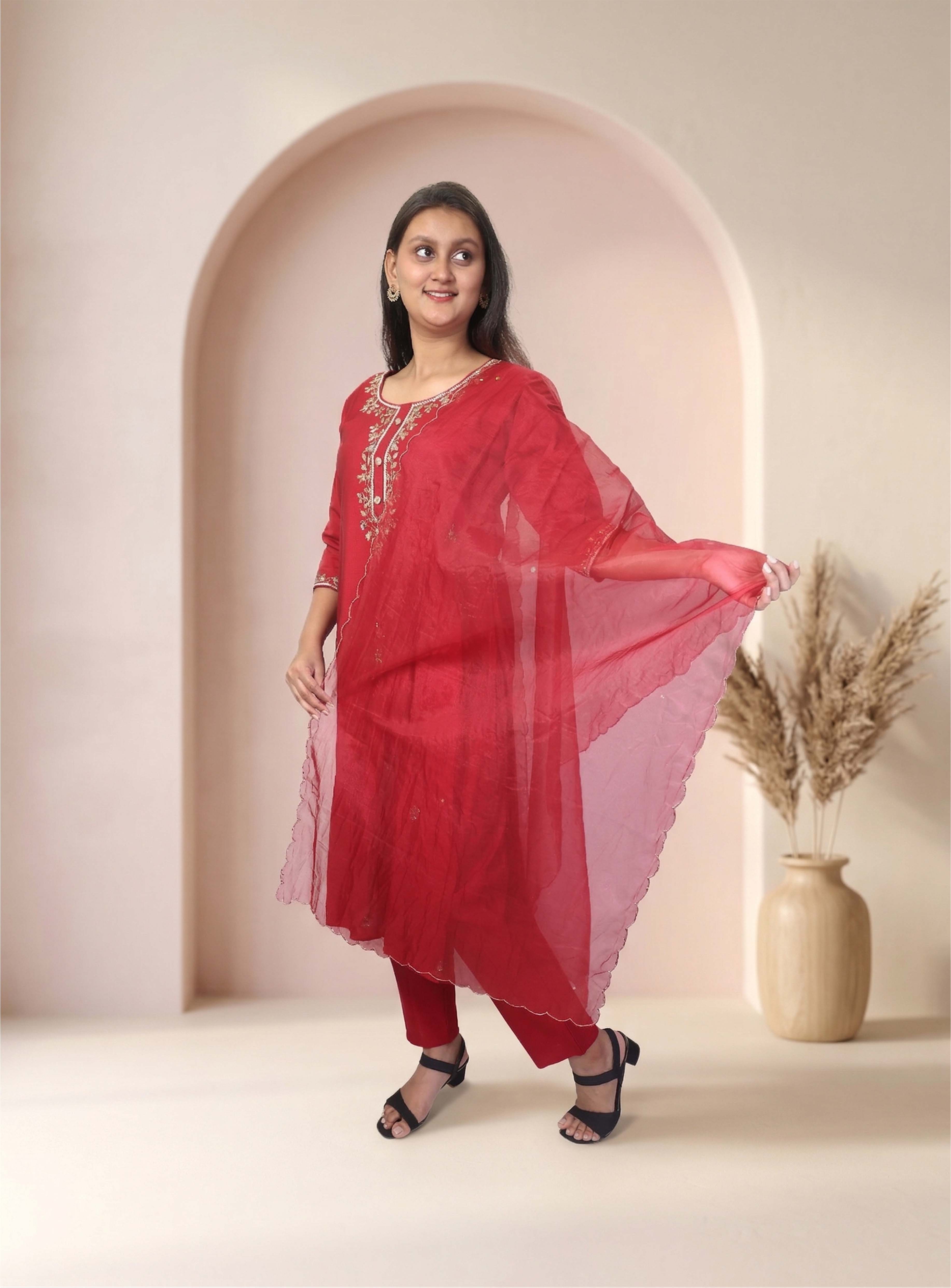 Red silk blend hand work straight suit set with dupatta