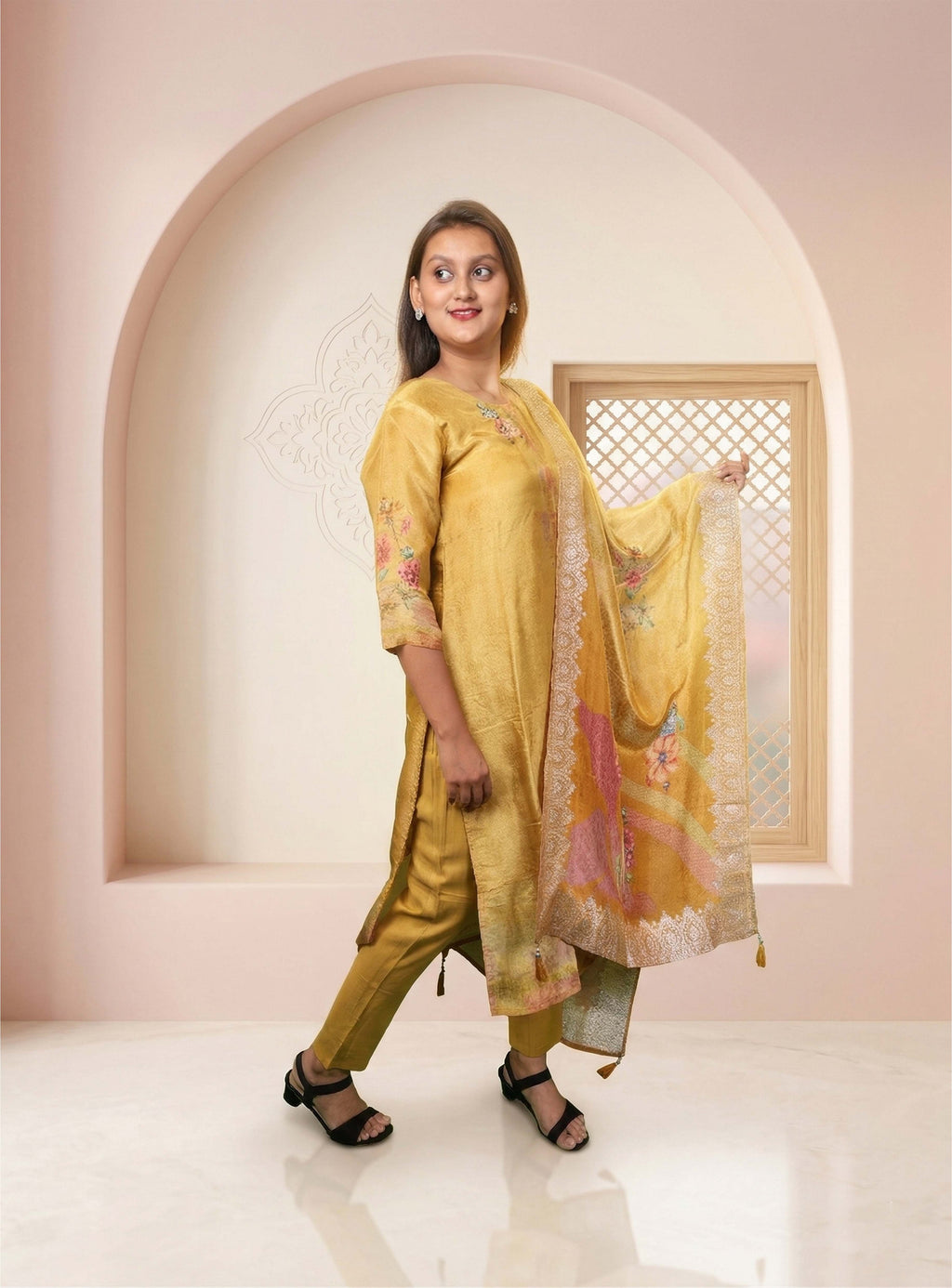 Musterd pure creap printed straight suit set with dupatta