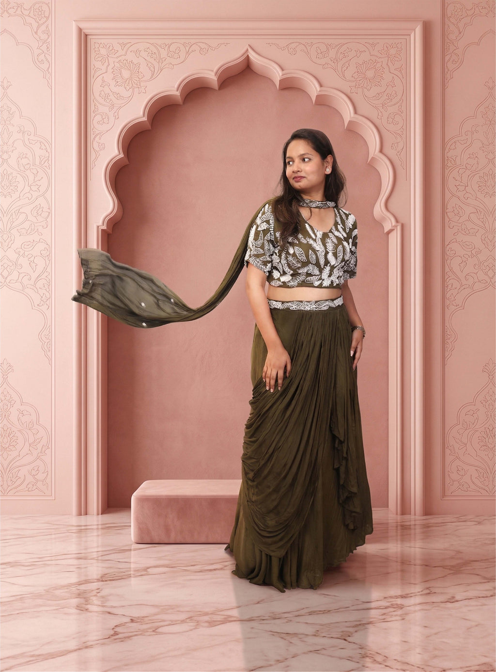 Green chinon crop-top with lehnga with dupatta