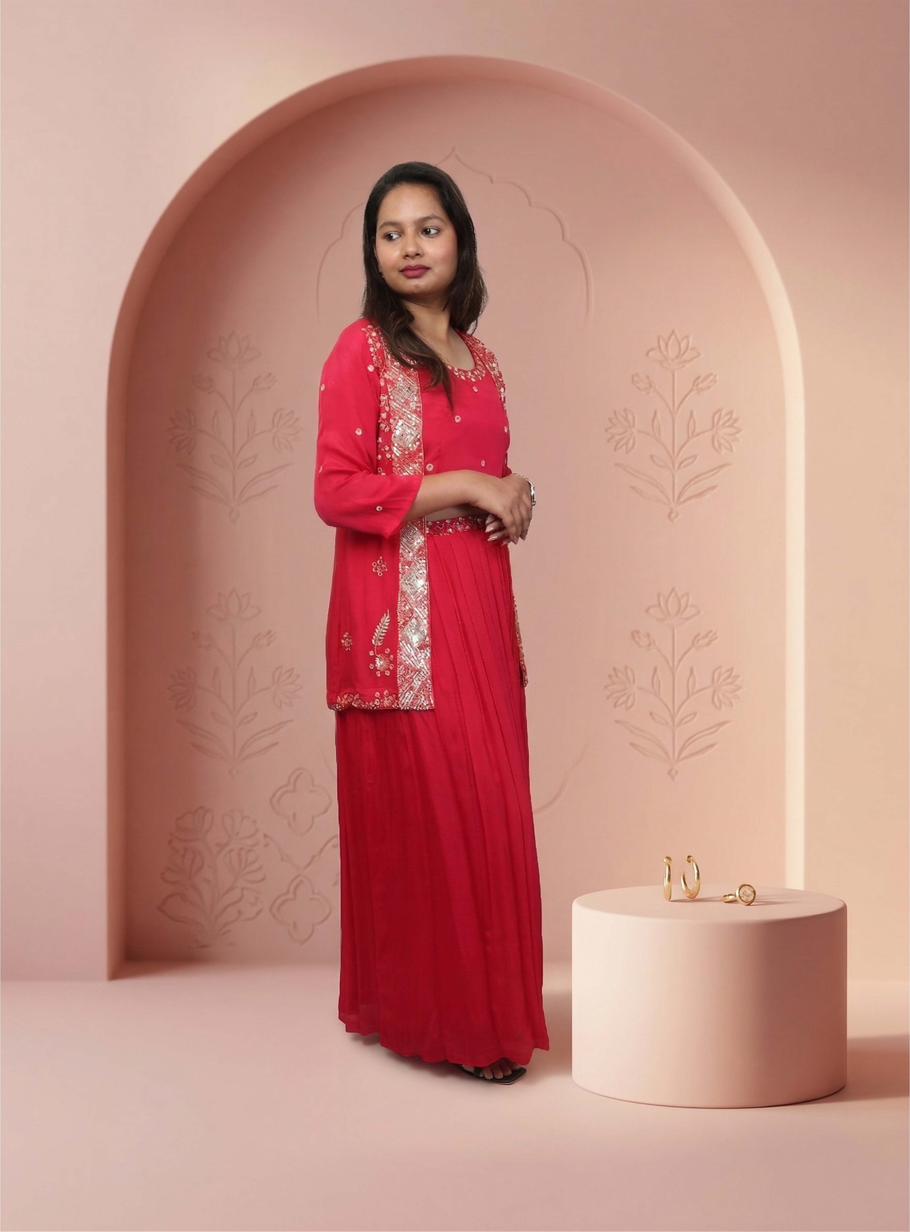 Pink chinon crop-top with jacket, with plazzo pant