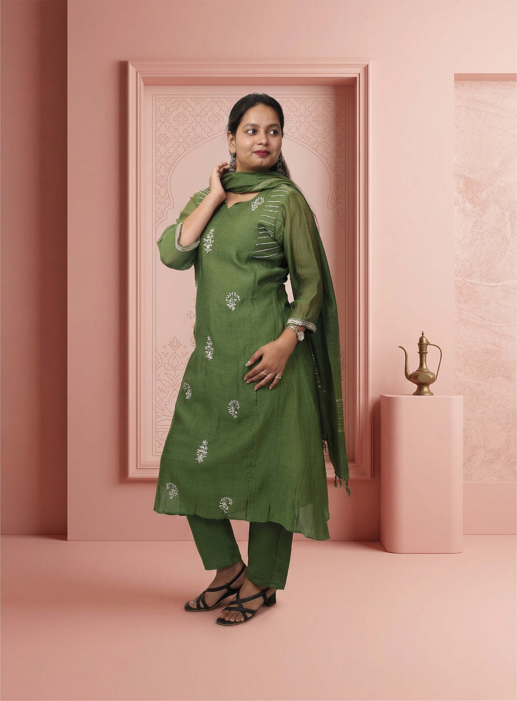 Green banarasi mul chanderi A-line handwork suit-set with dupatta