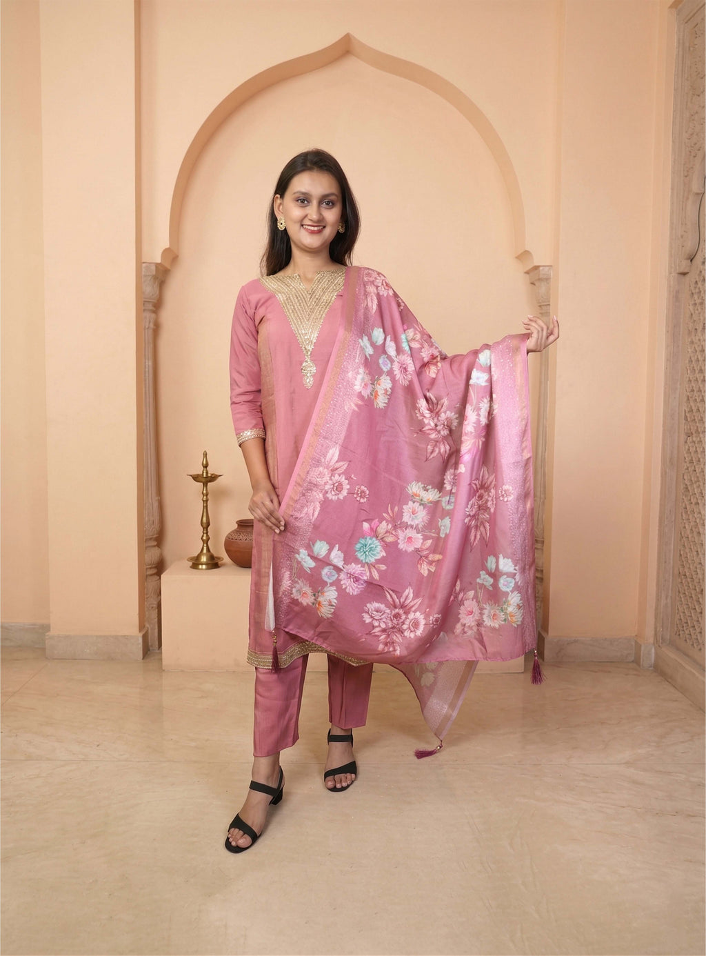 Rose pink silk blend shimmer straight suit set with dupatta