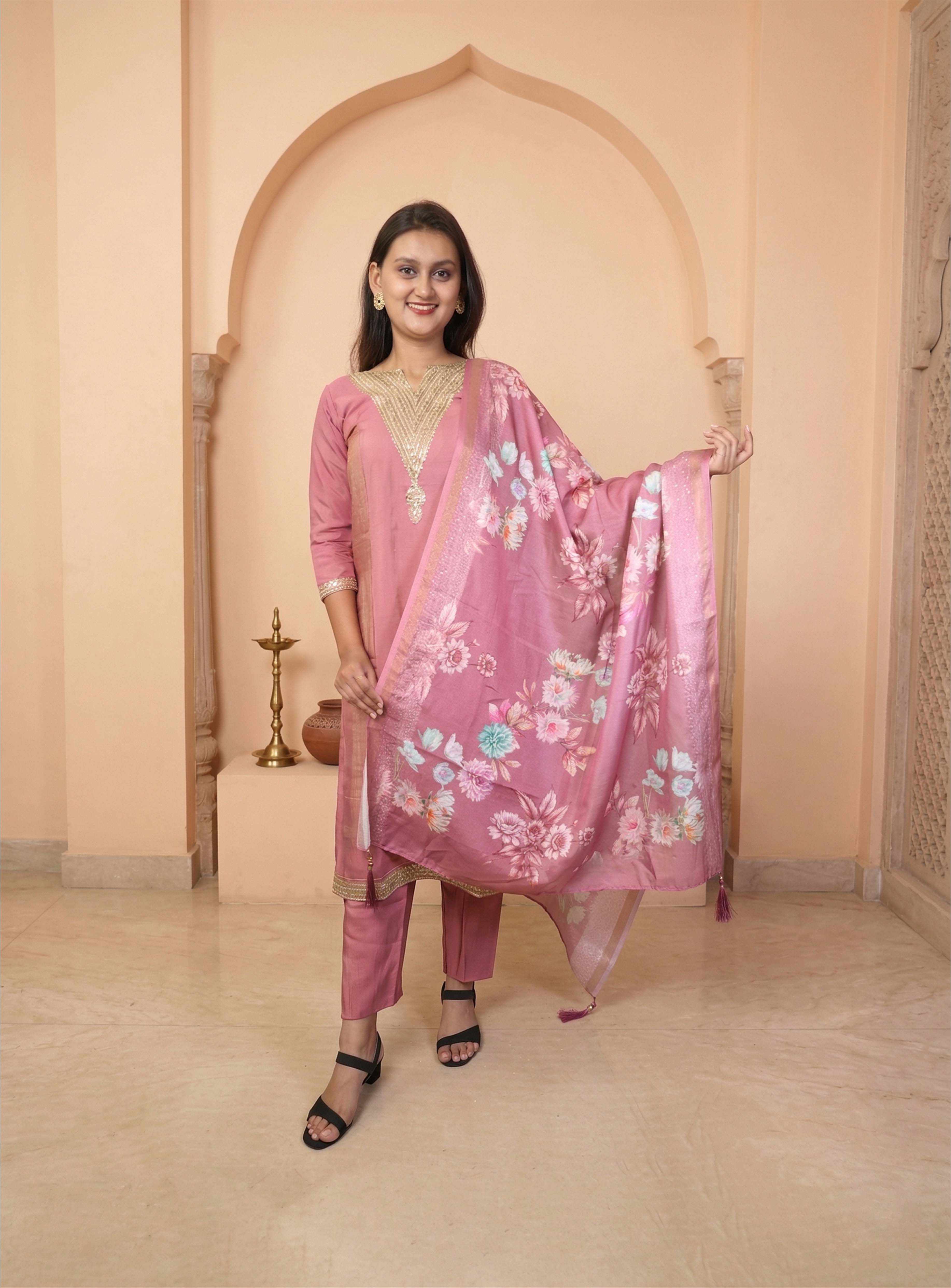 Rose pink silk blend shimmer straight suit set with dupatta