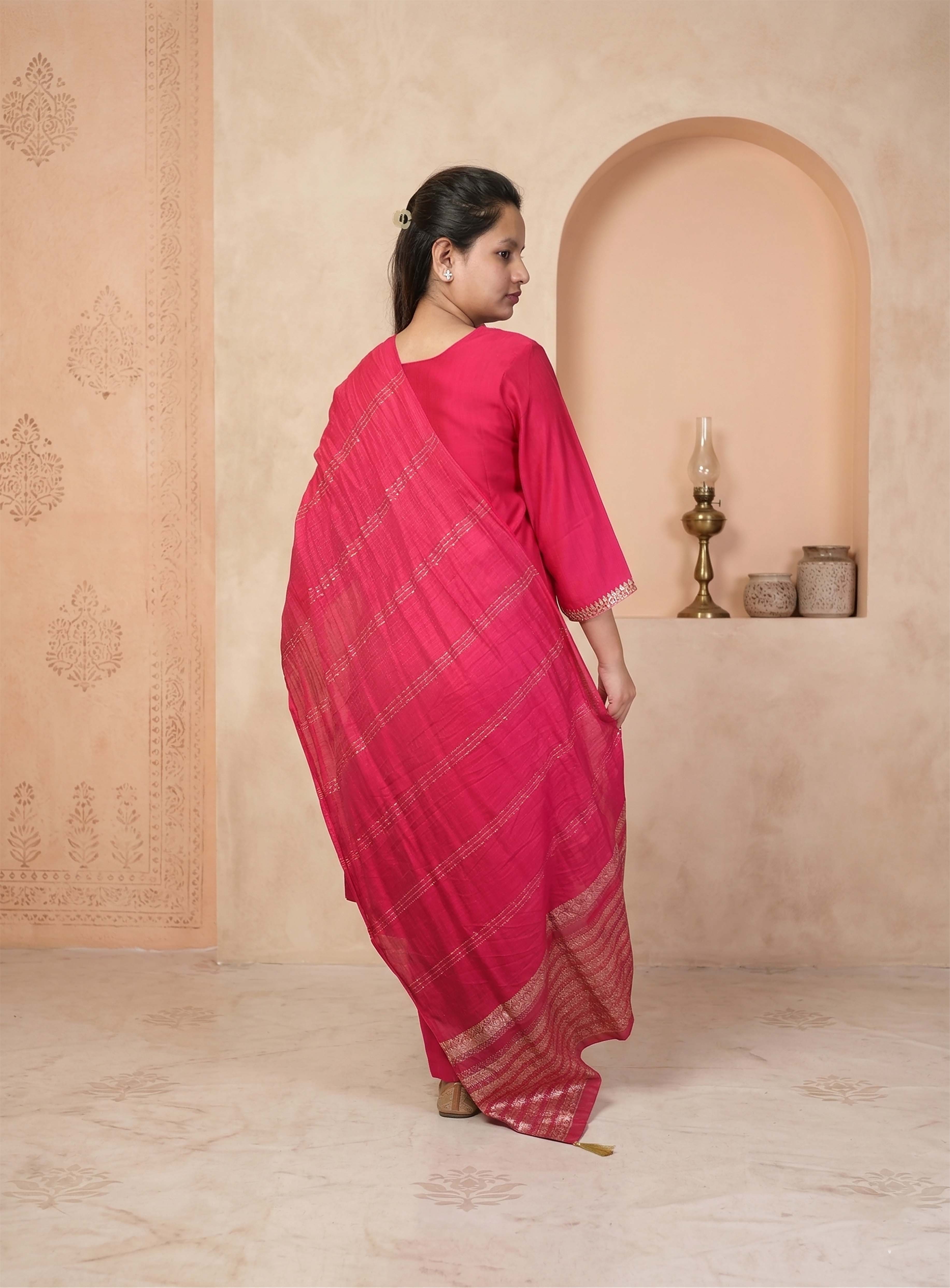 Pink silk blend straight suit set with dupatta