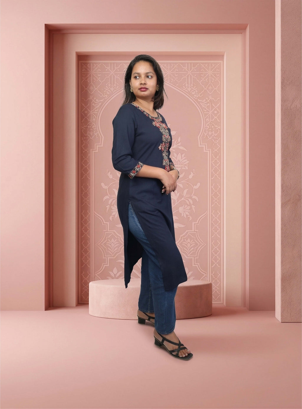 Blue embroidery silk blend straight kurta