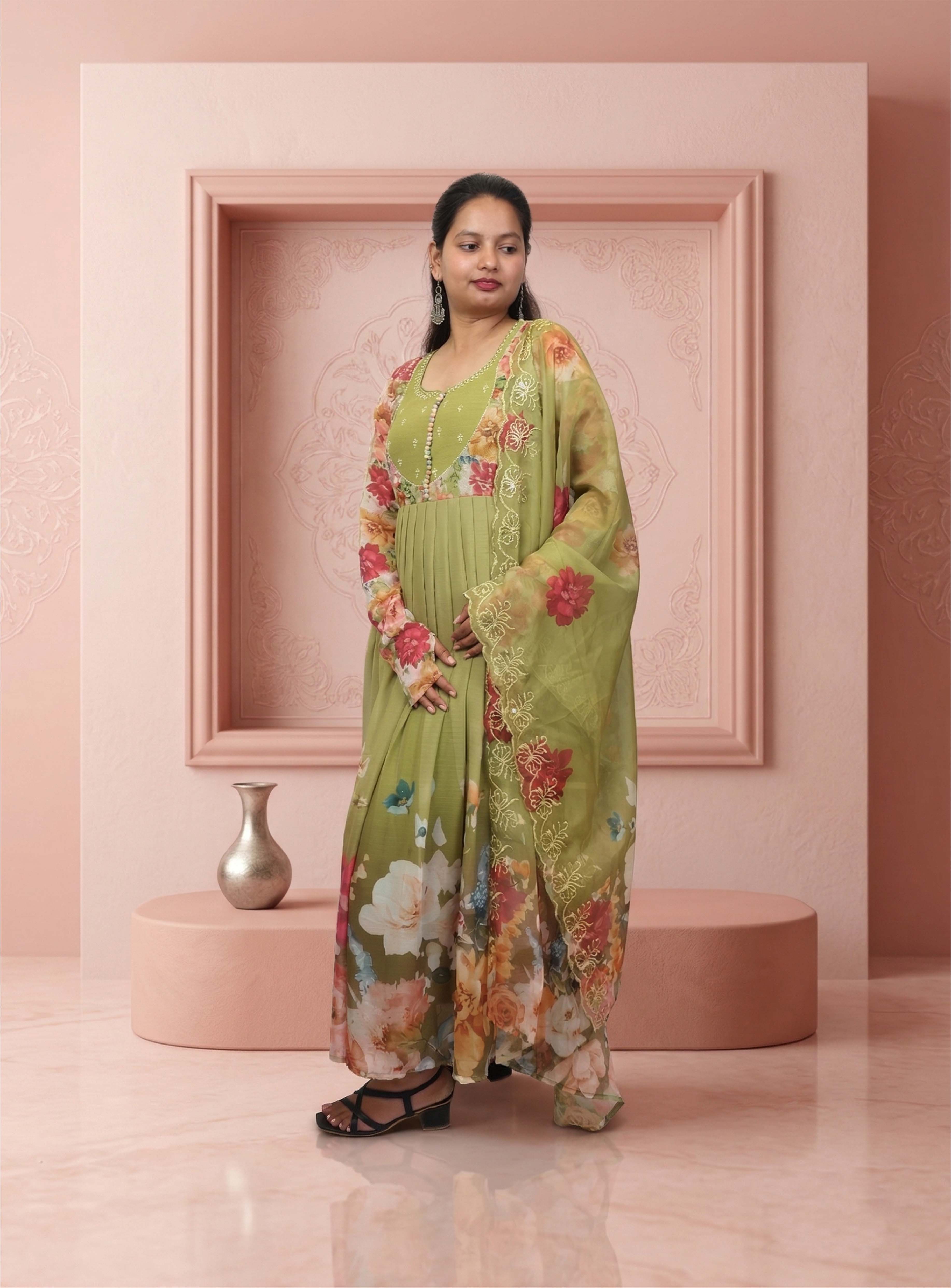 Green Printed chiffon anarkali set with dupatta