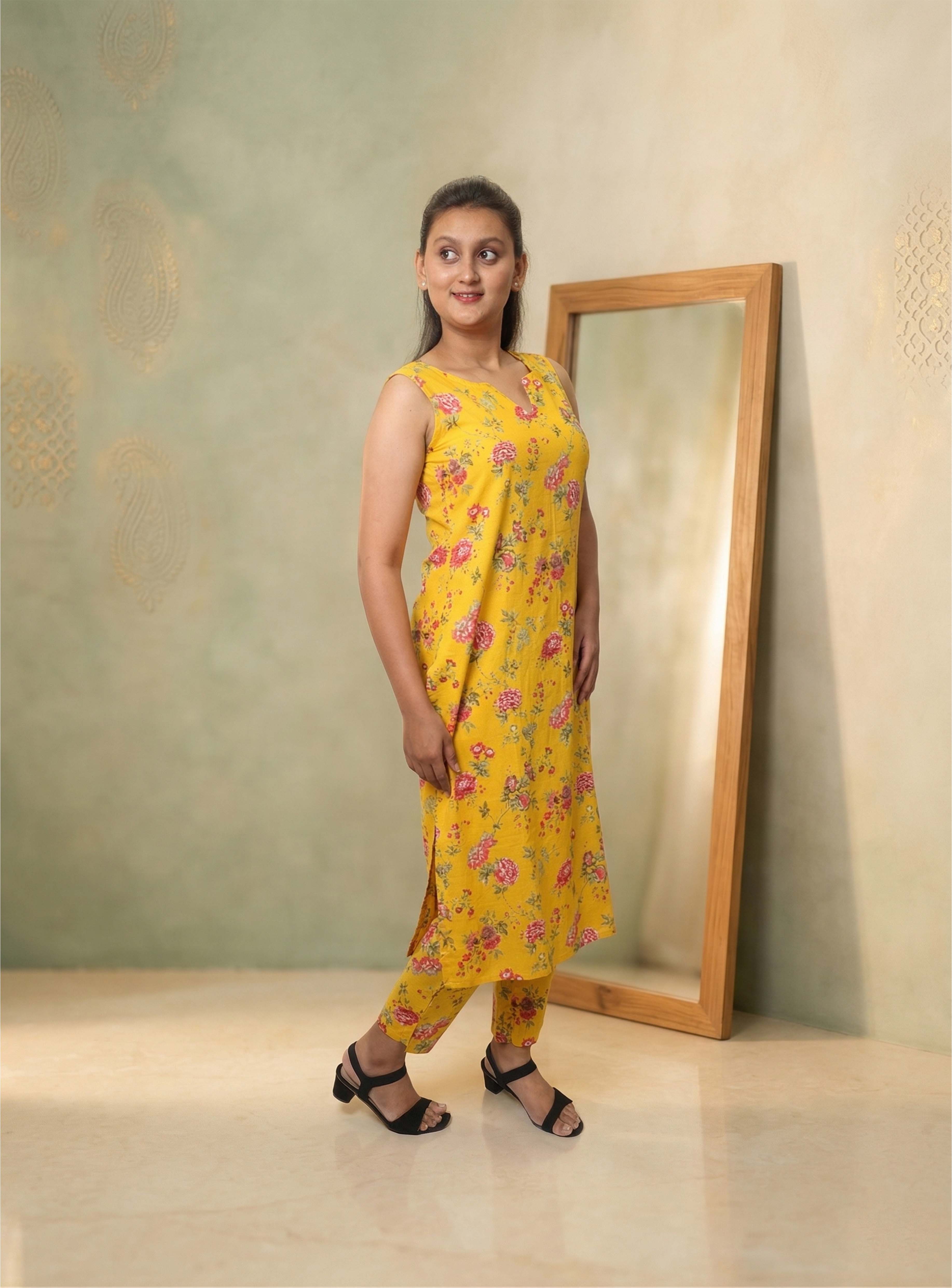 Yellow Printed Cotton straight Co-ord set