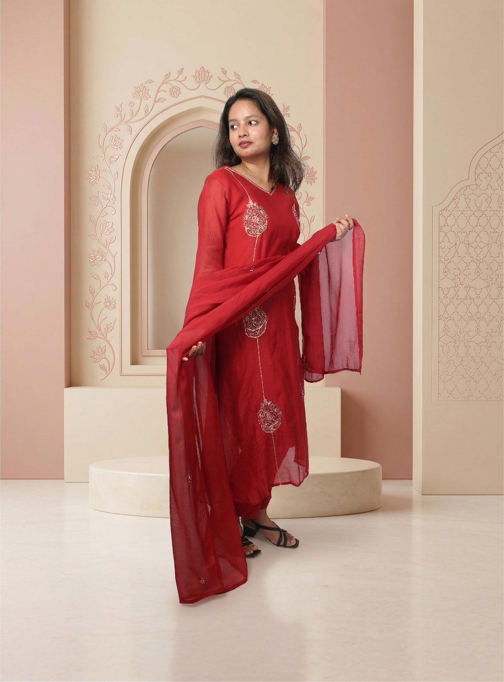 Red banarasi mul chanderi A-line suit-set with dupatta