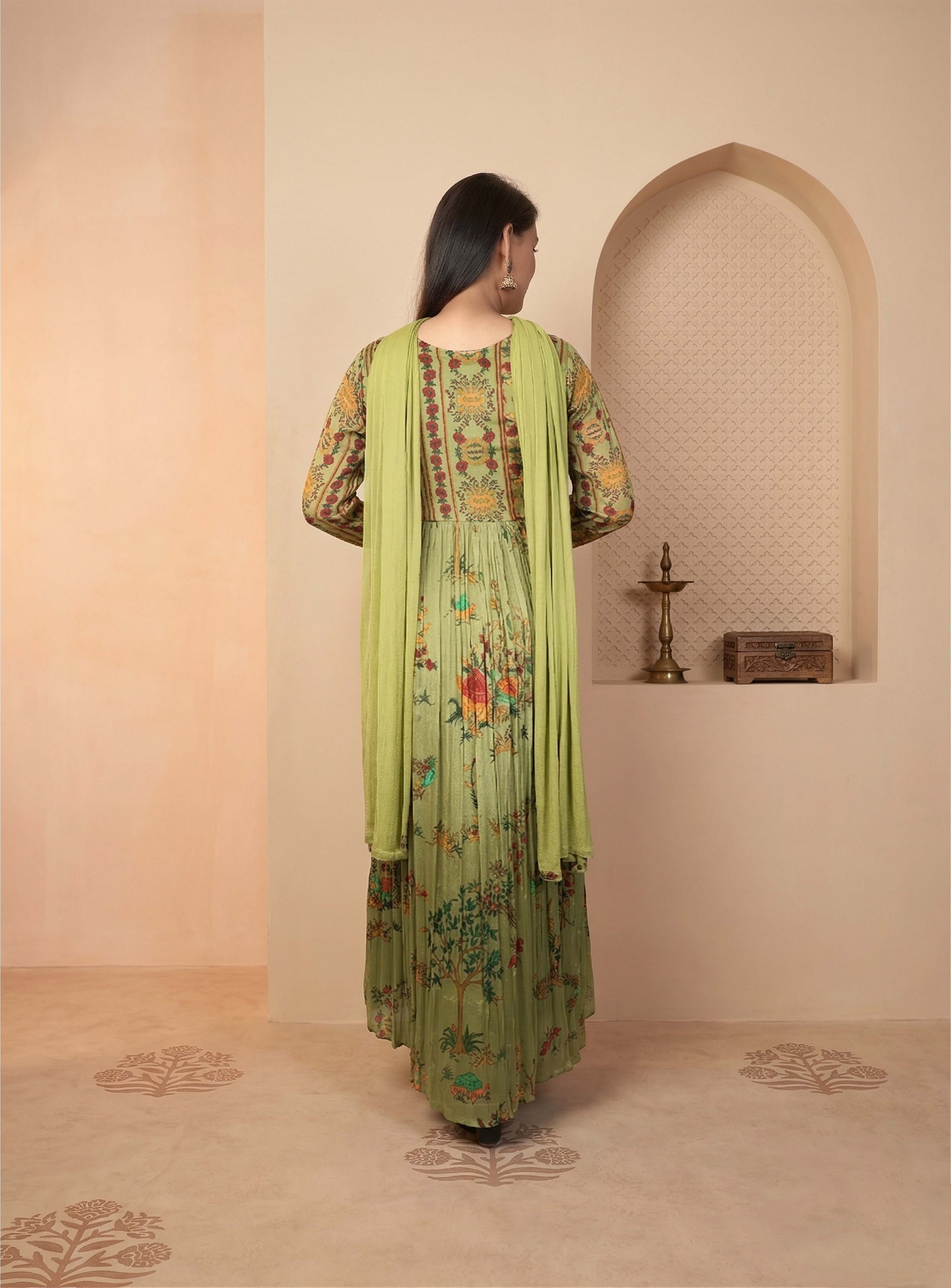Green chinon hand work anarkali with dupatta