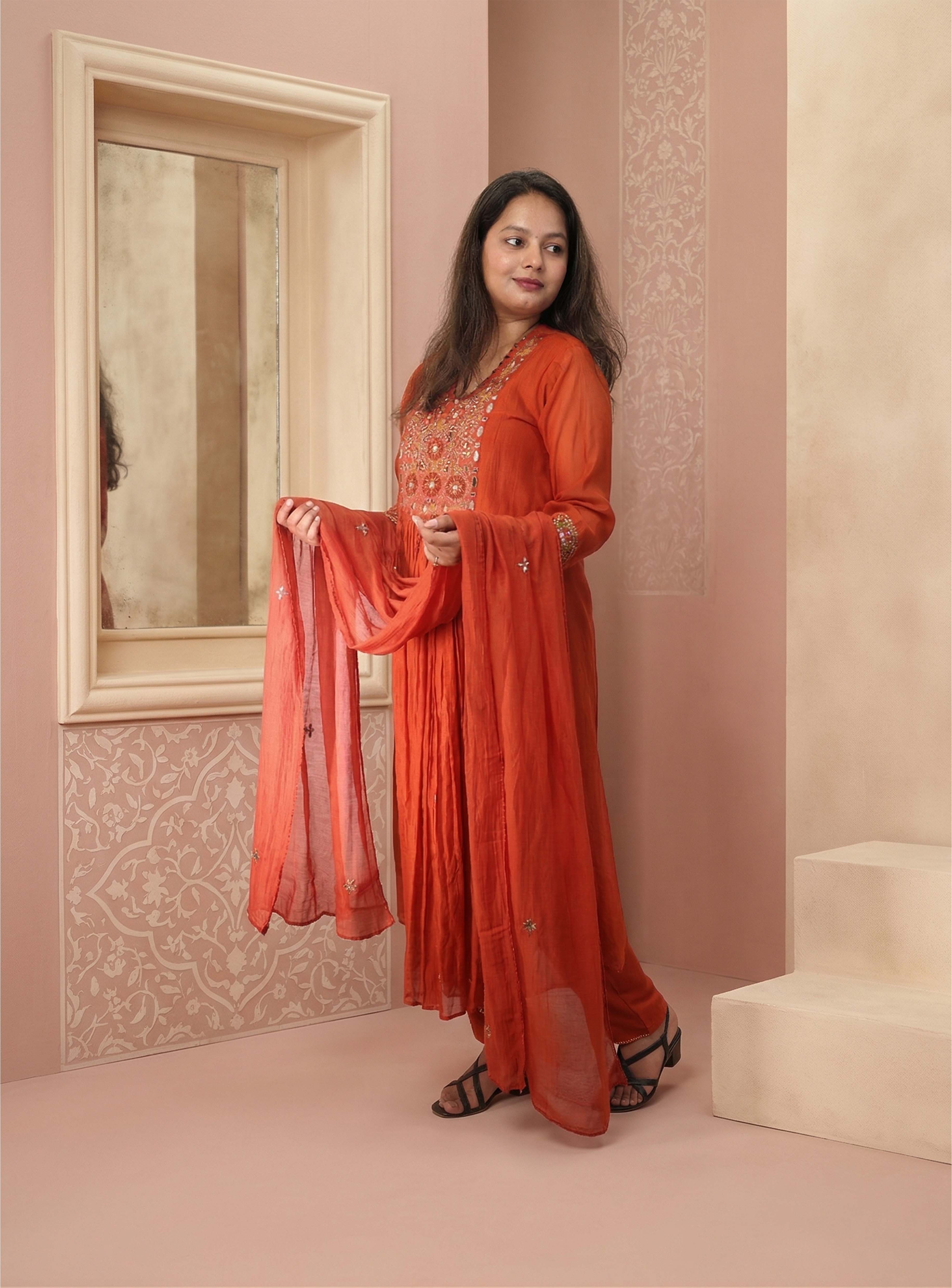 Rust Orange Banarasi Mul Chanderi Anarkali Suit-set with dupatta