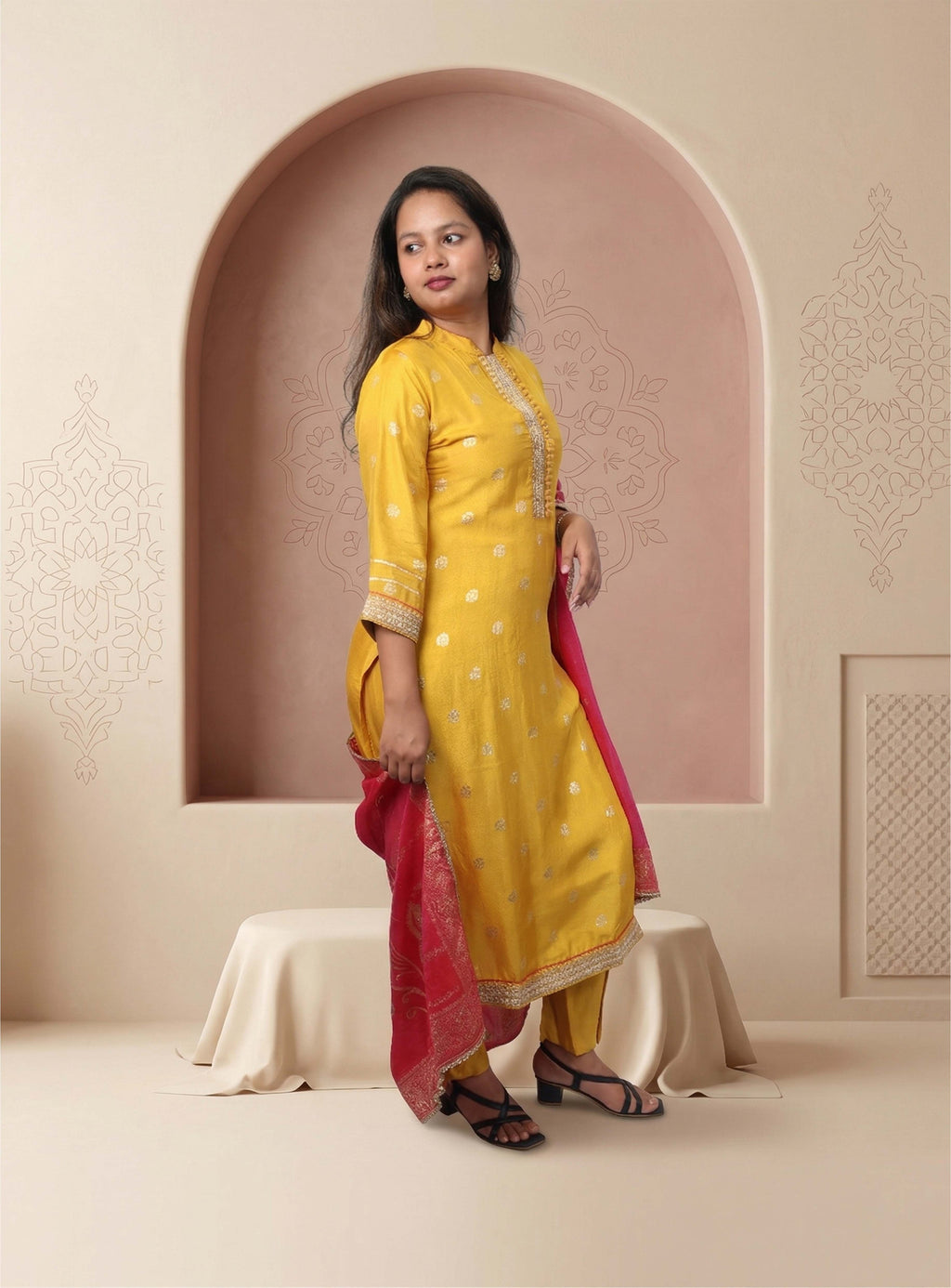 Yellow Dola silk straight suit-set with dupatta