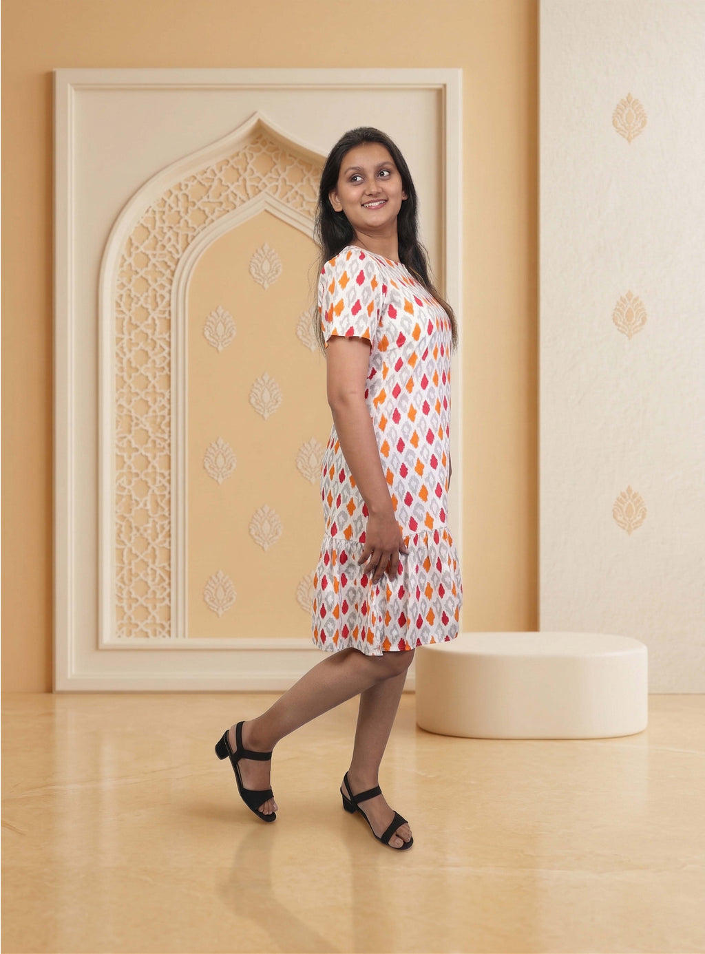 White and multicolour cotton straight dress