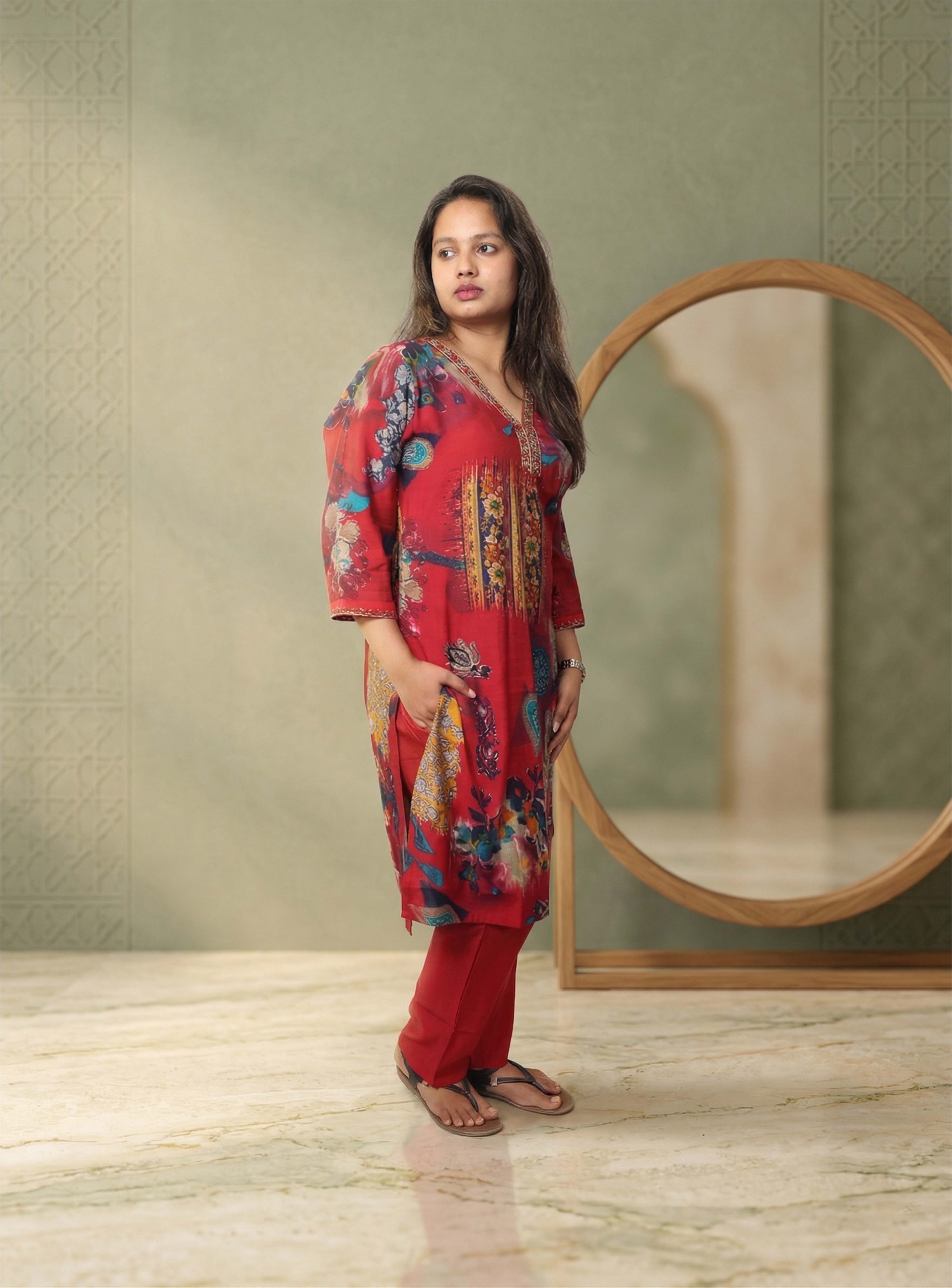 Red Musline Printed Co-ord Set