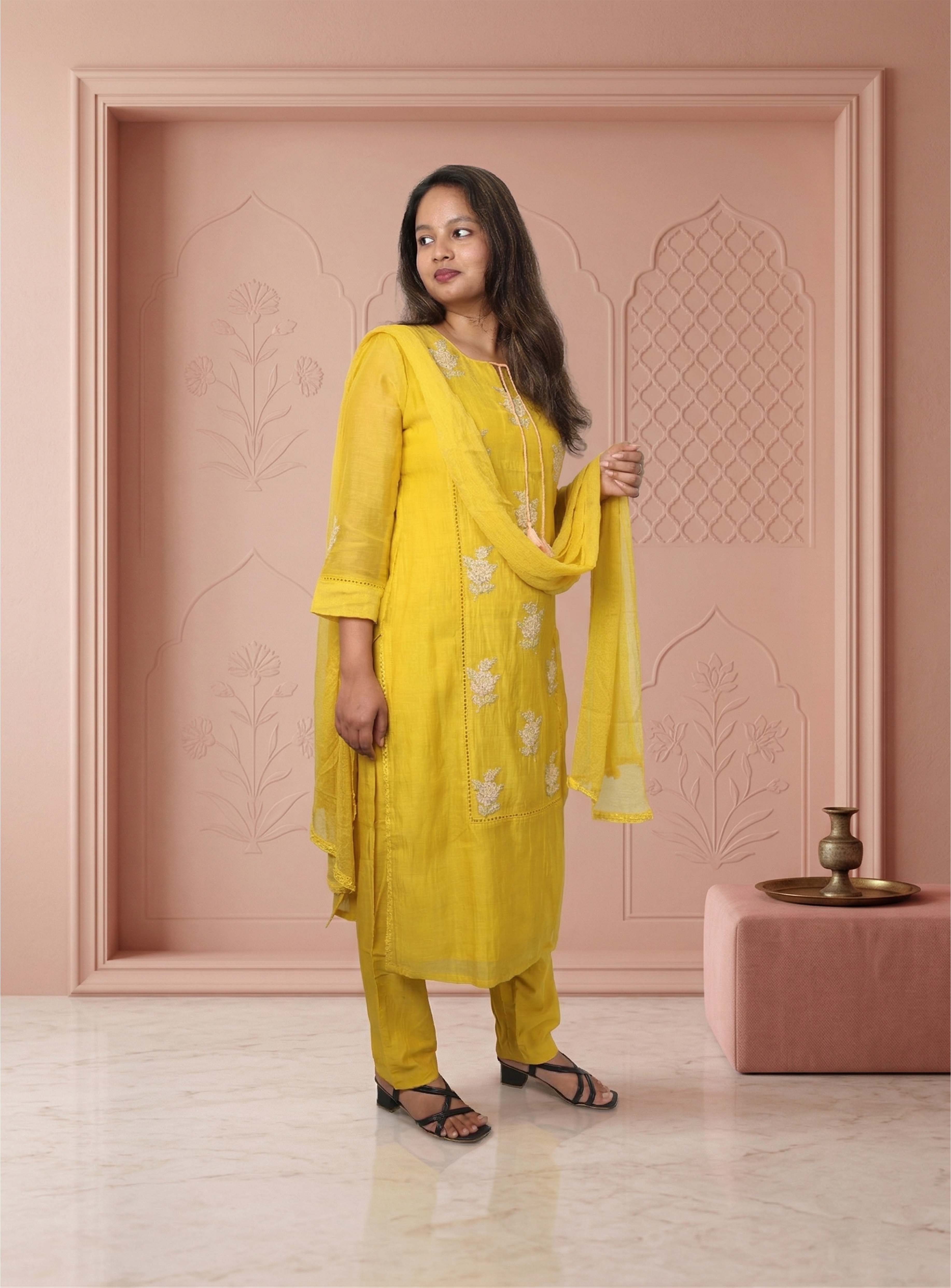 Yellow Banarasi mull chanderi straight handwork suit set with dupatta