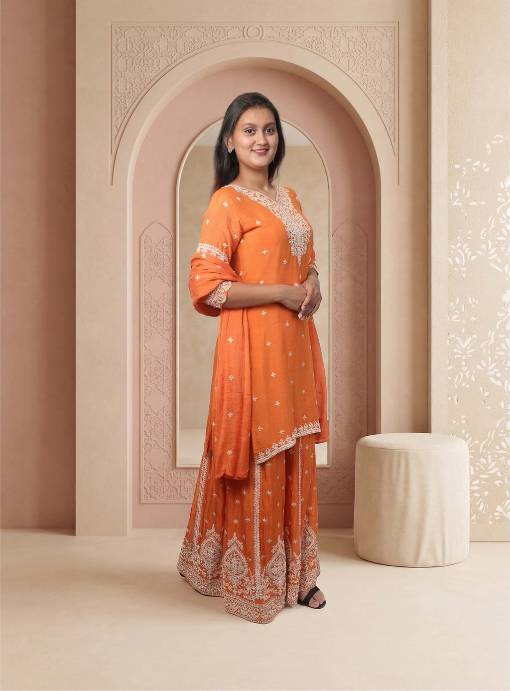 Rust orange handwork garara with dupatta