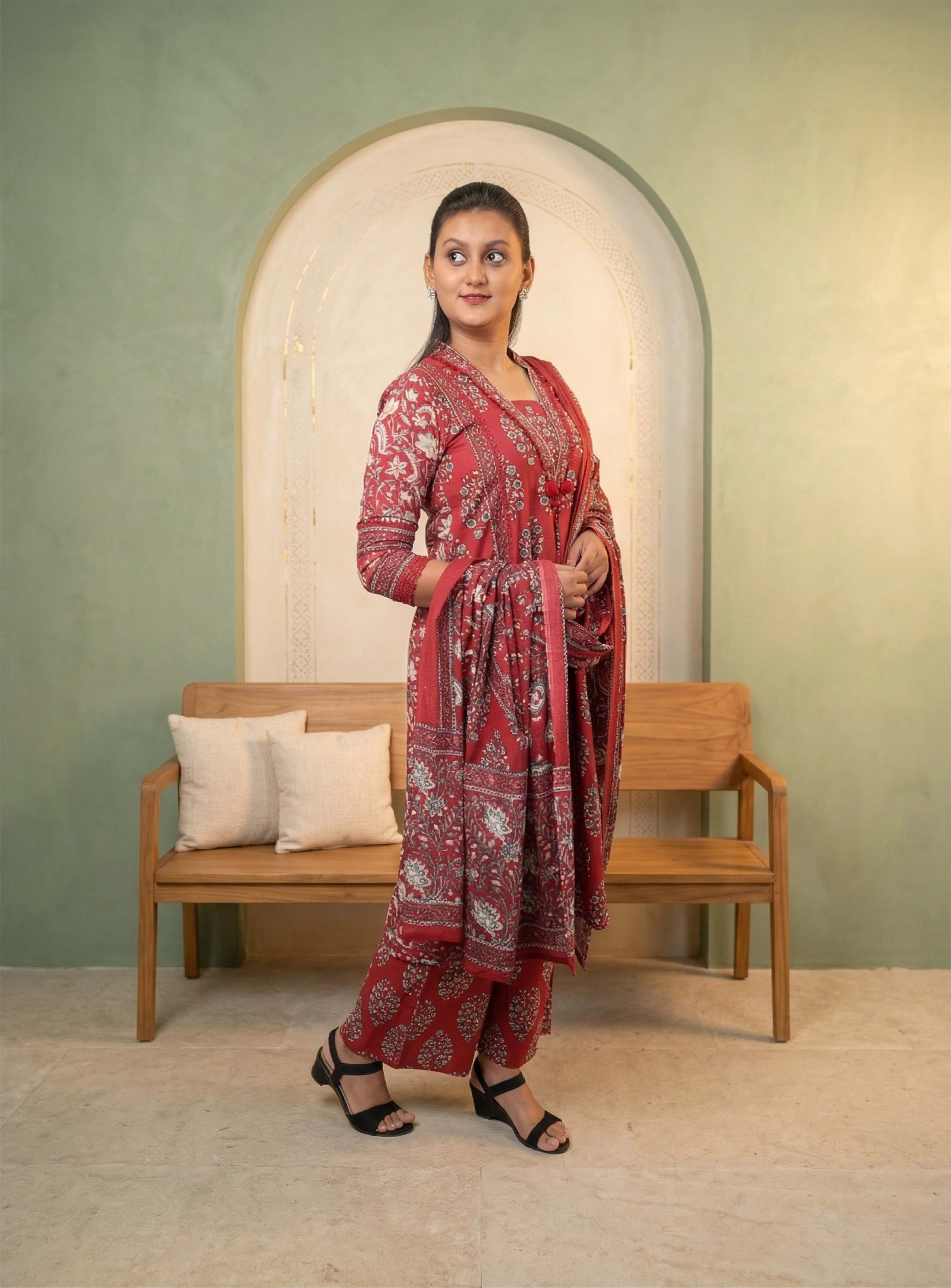 Red Printed Cotton A-line Suit-set with Dupatta