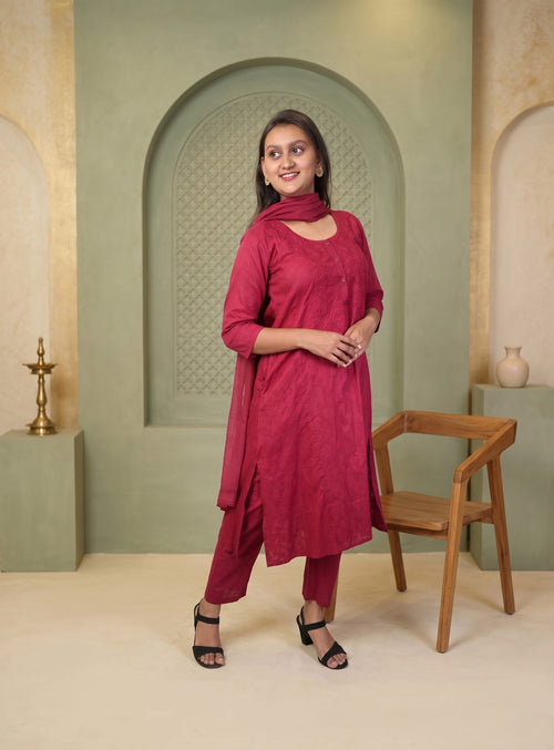 Bright maroon dobby cotton straight suit set with dupatta