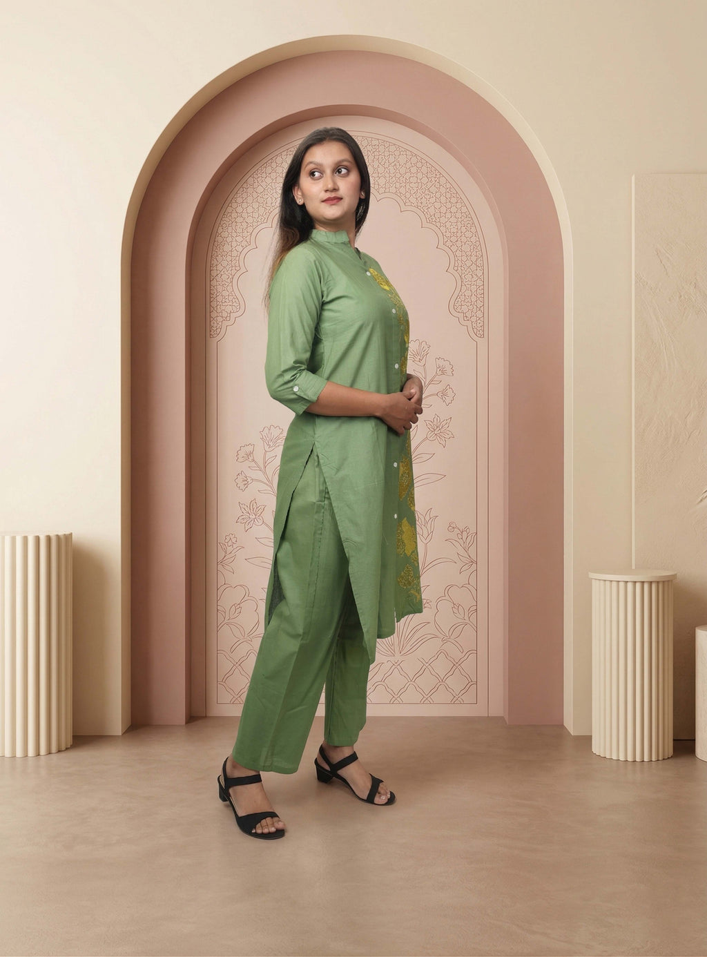 Green thread embroidery straight co-ord set
