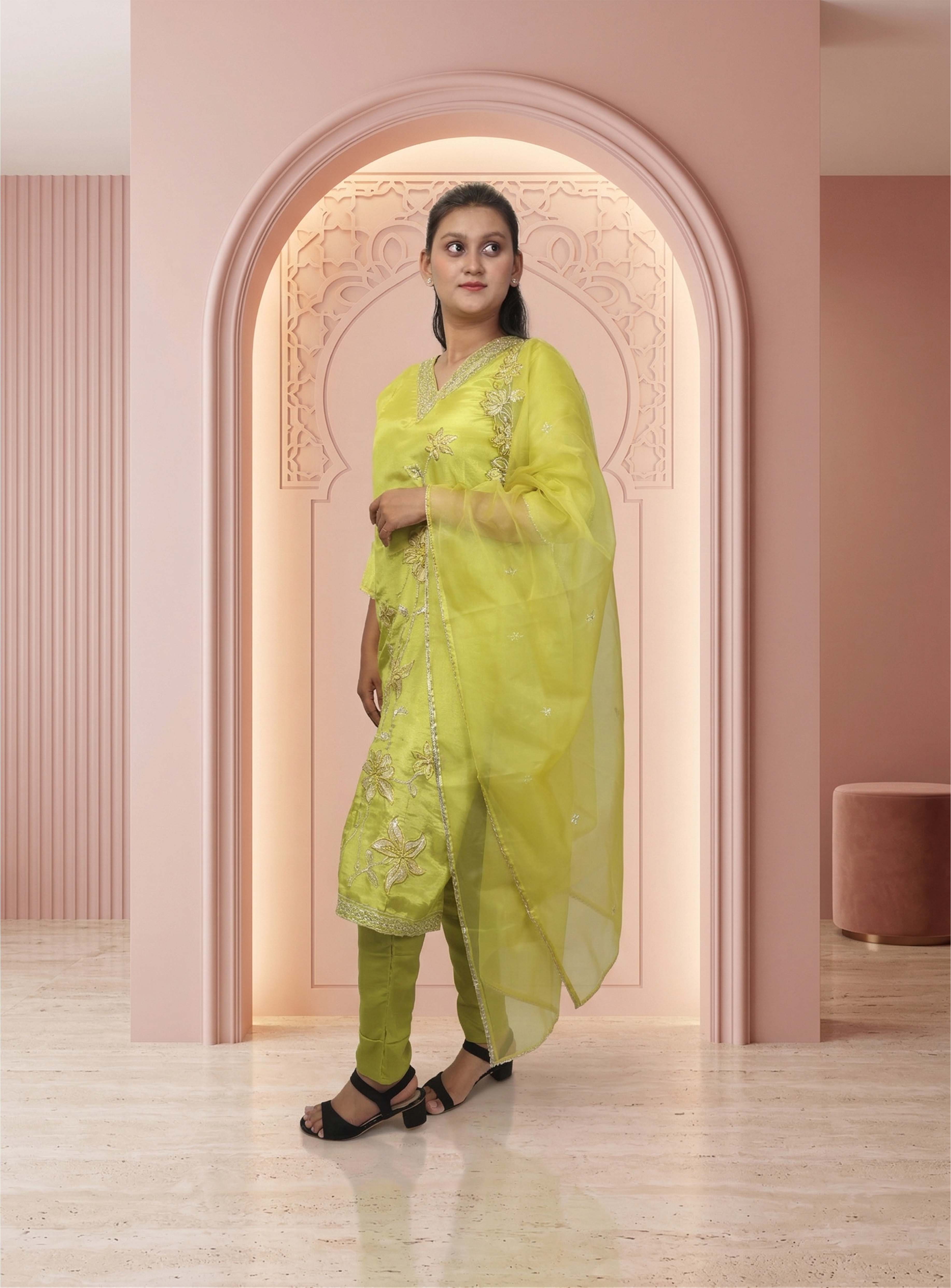 Green tissue shimer straight suit-set, with dupatta