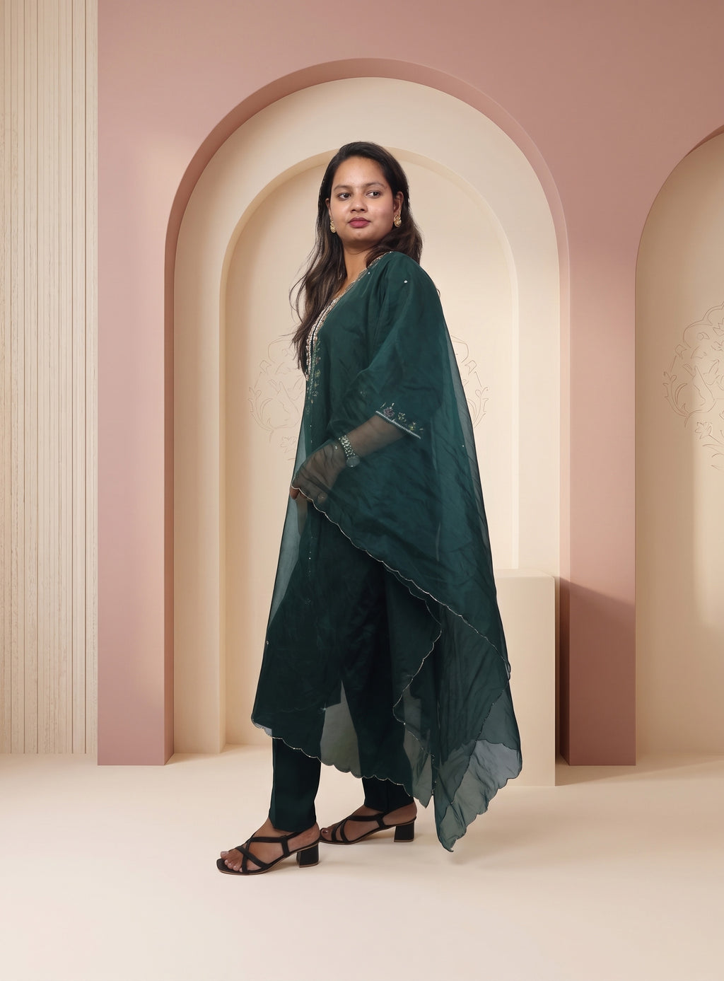 Dark Green silk blend hand work straight suit set with dupatta