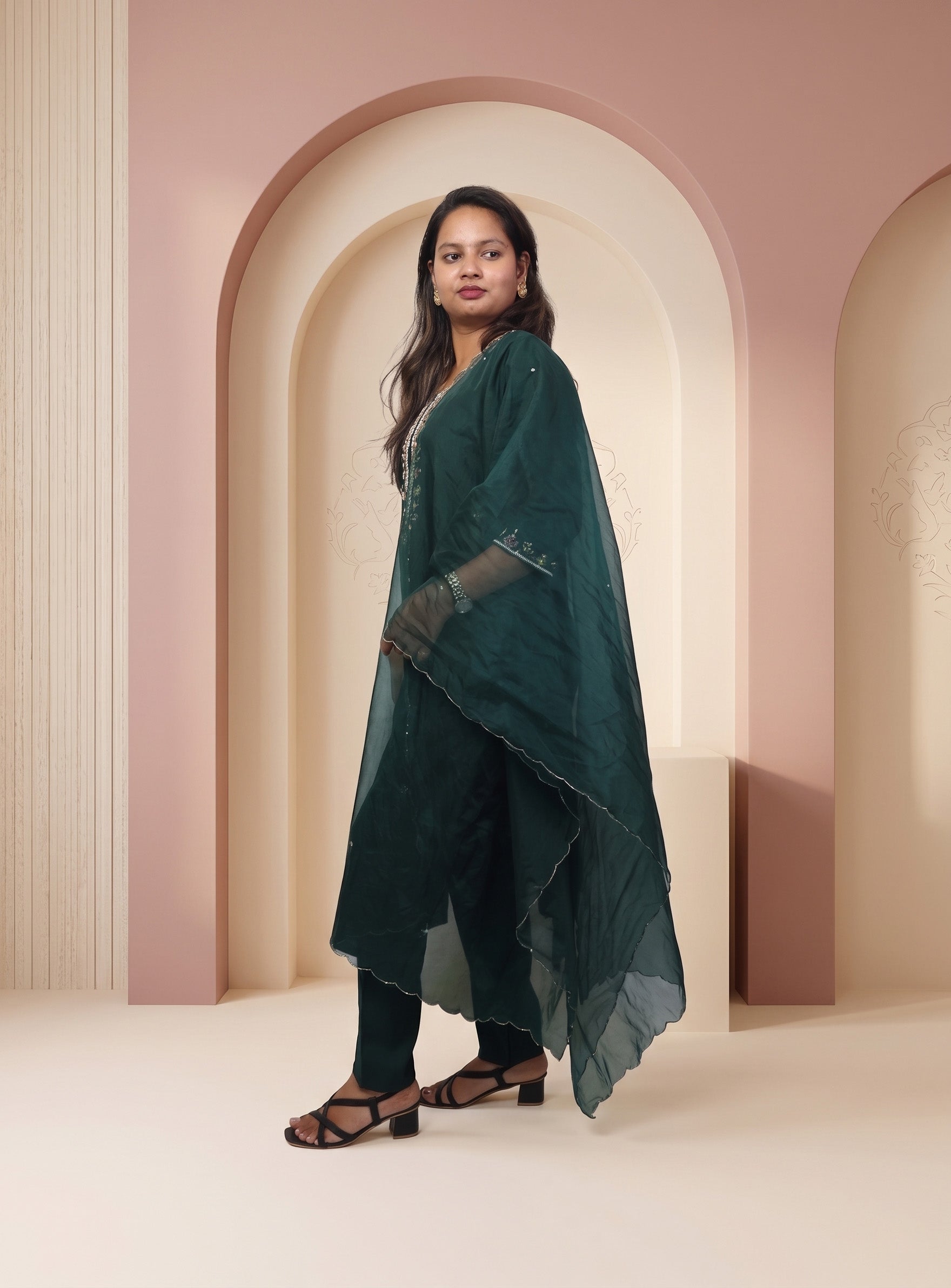 Dark Green silk blend hand work straight suit set with dupatta