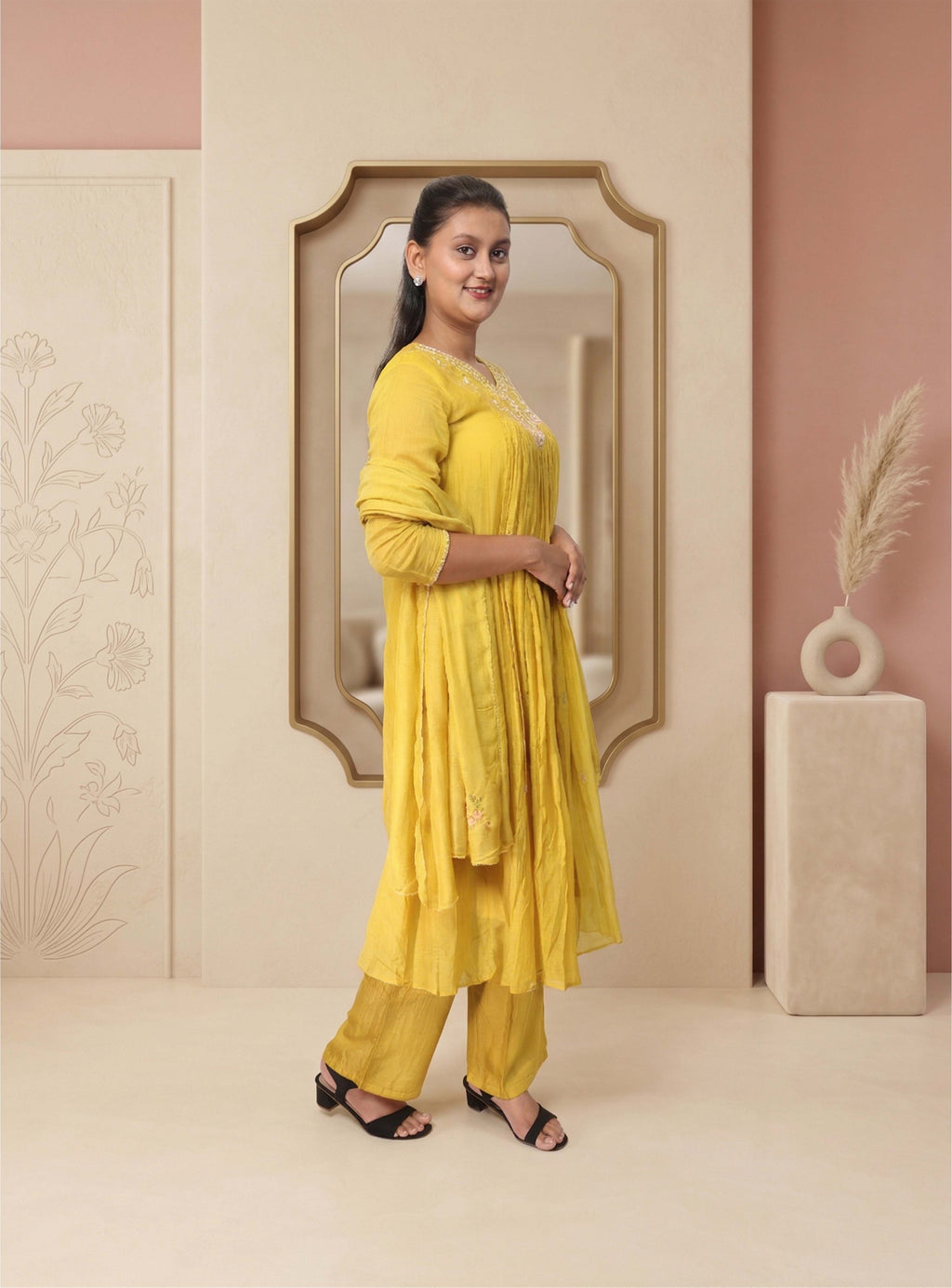 Mustard Banarasi Mul Chanderi Anarkali Suit-set with dupatta