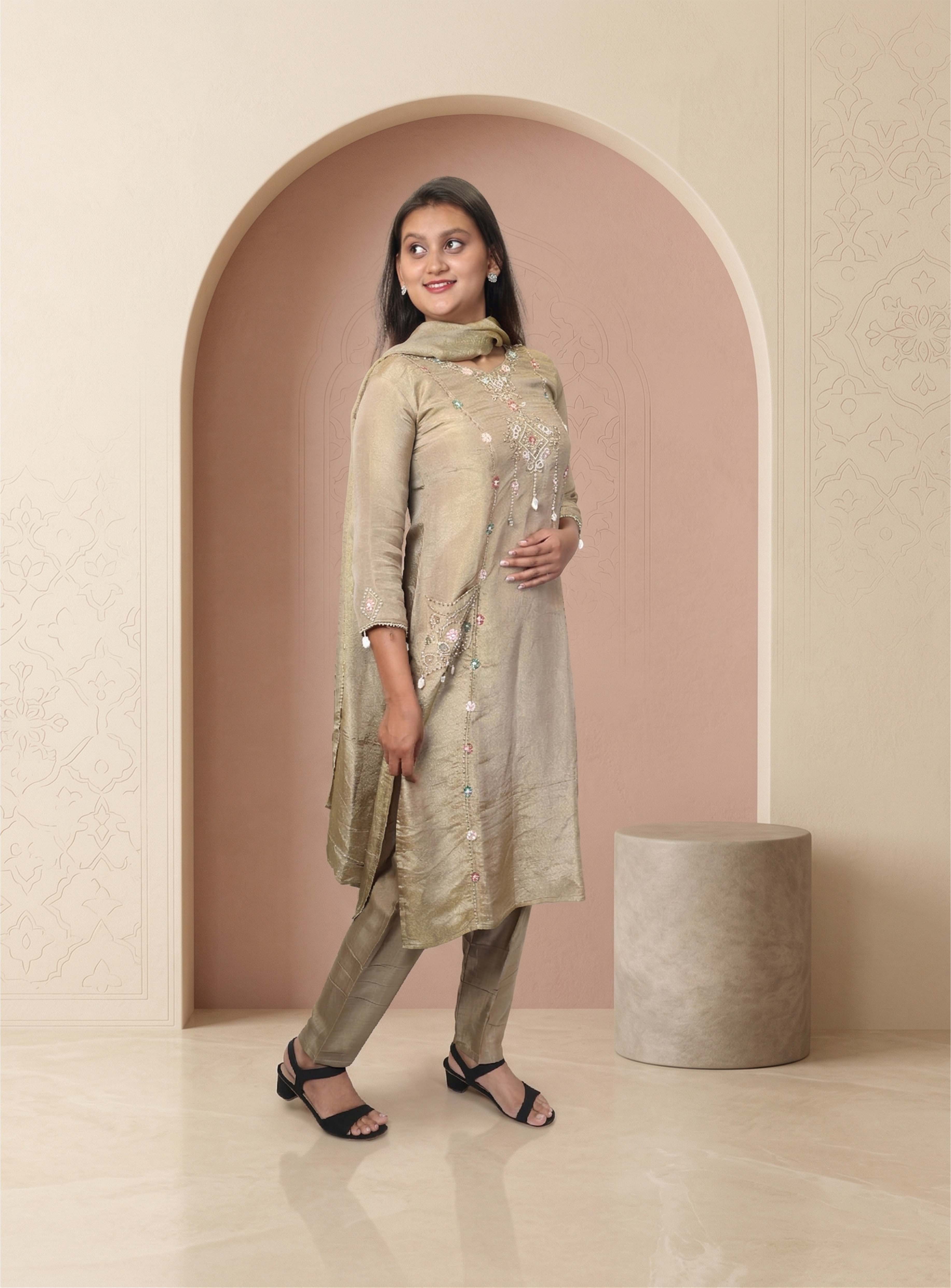 Beige tissue handwork straight suit-set  with dupatta
