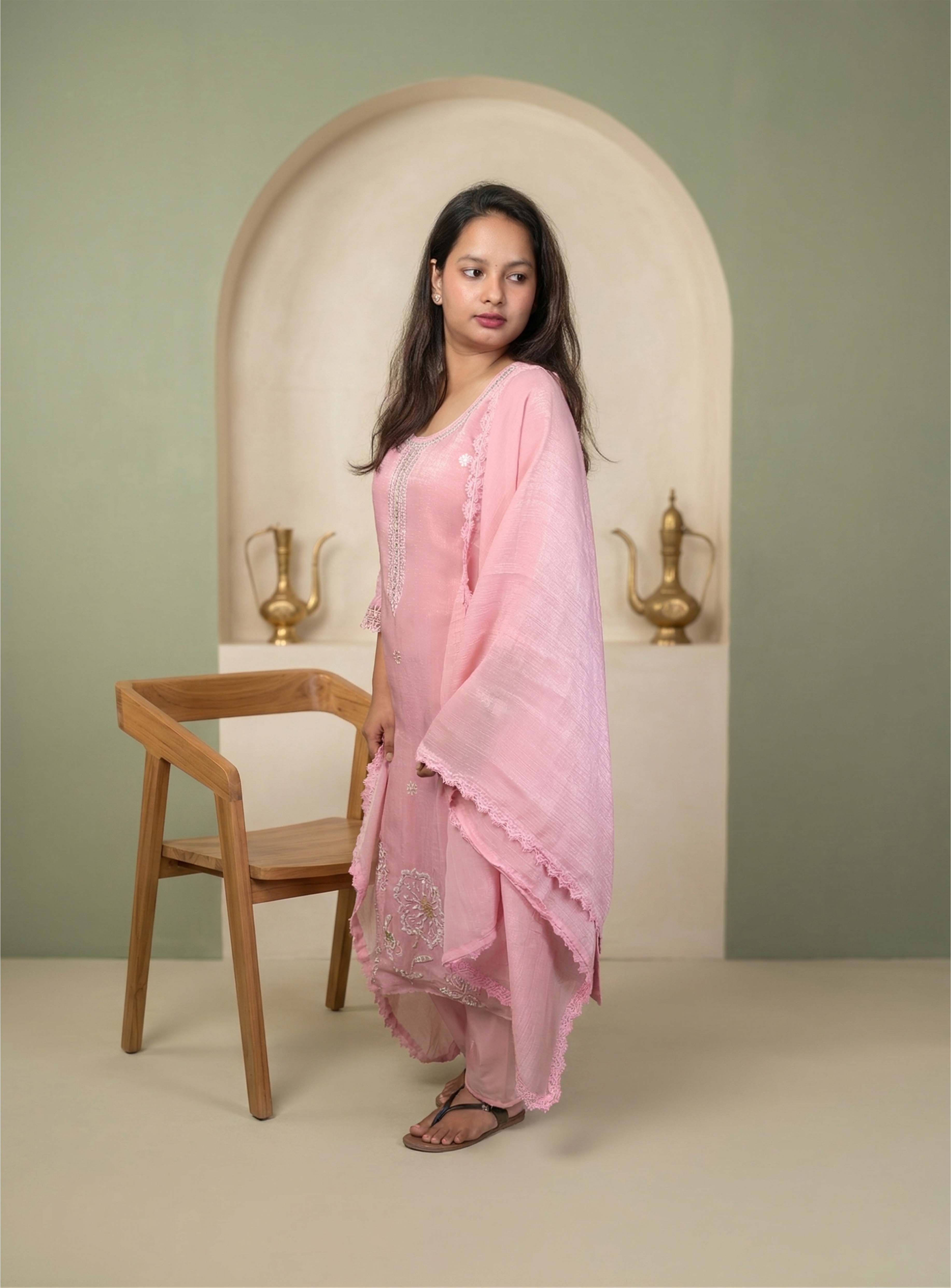 Pink tissue shimmer straight kurta with dupatta
