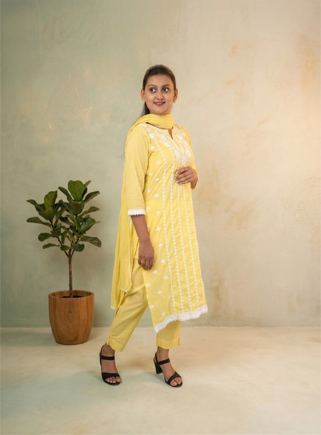 Yellow kora cotton straight suit set with dupatta