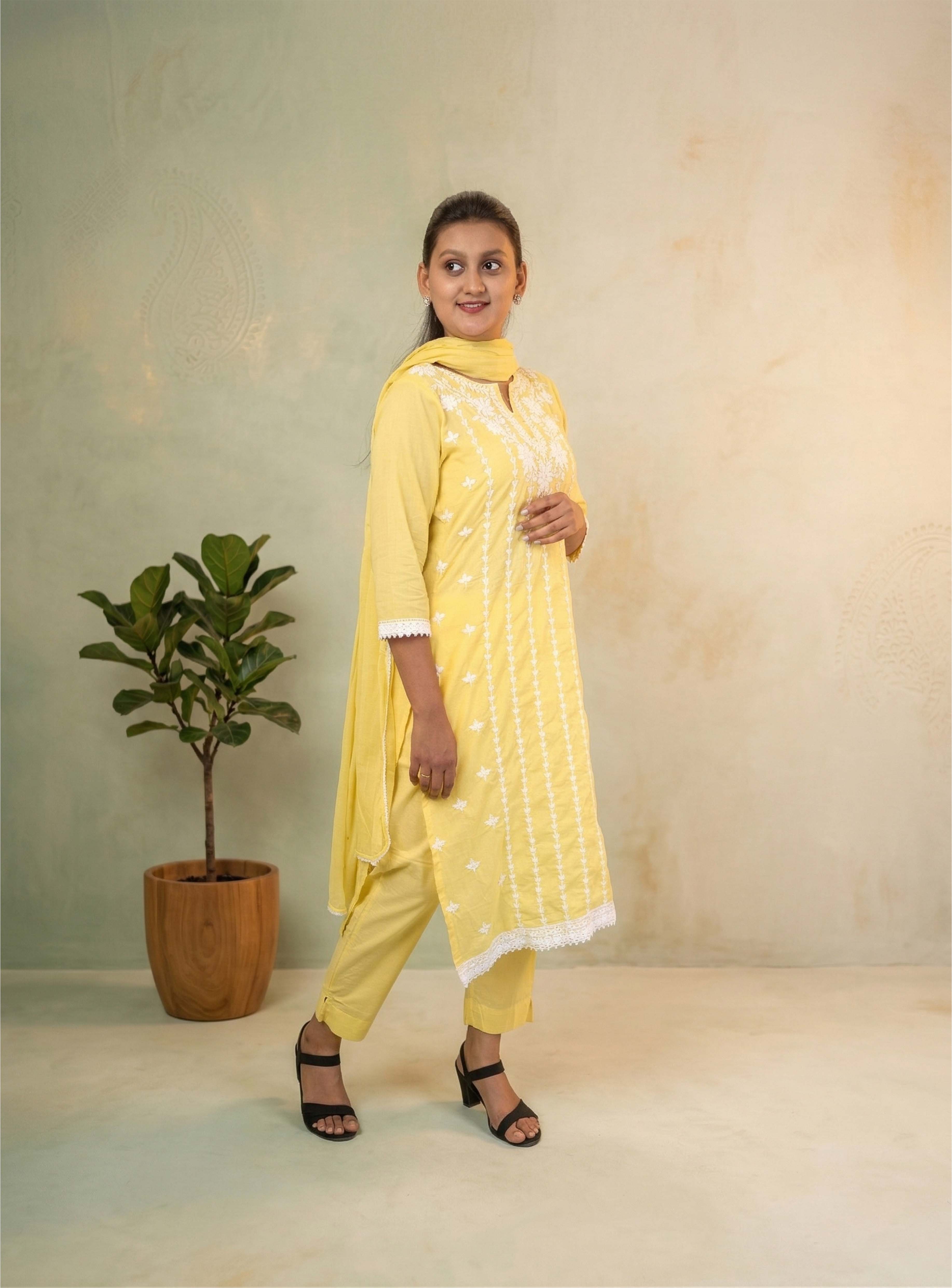 Yellow kora cotton straight suit set with dupatta