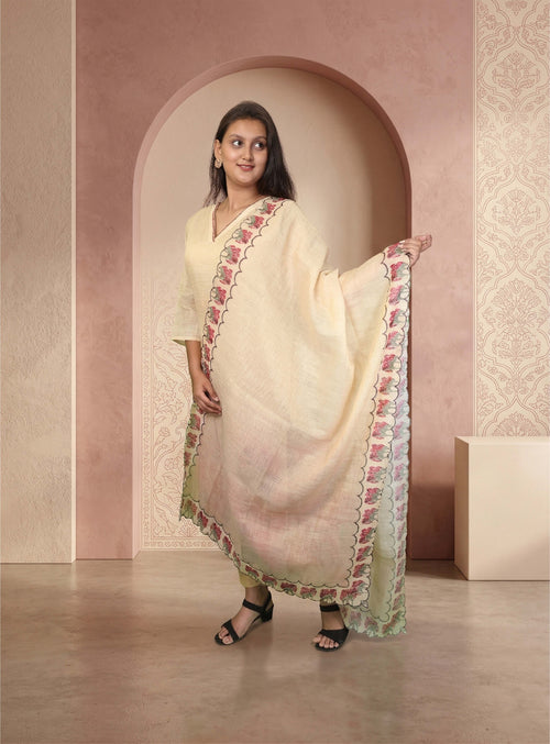 Beige Linen Handpainted straight suit-set with Dupatta