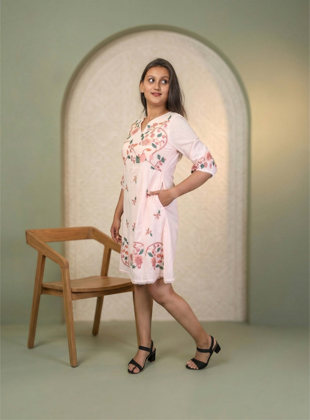 Baby Pink Thread work cotton A-line Dress
